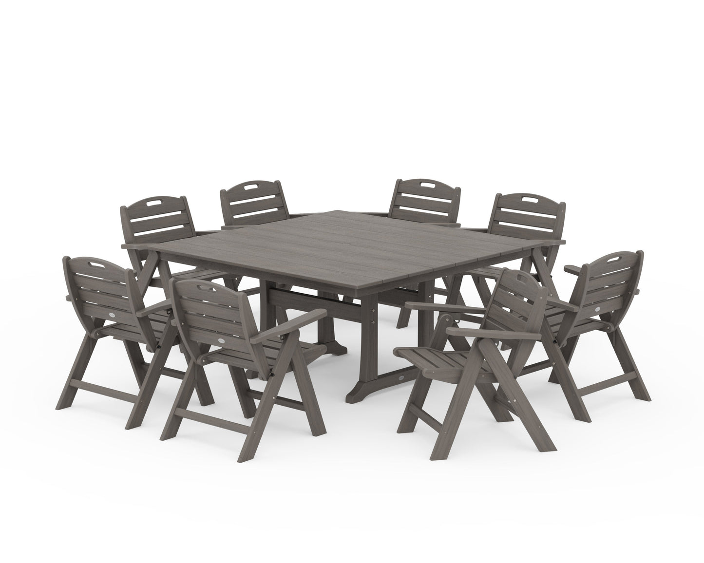 POLYWOOD Nautical Lowback 9-Piece Square Farmhouse Dining Set with Trestle Legs — Driftwood