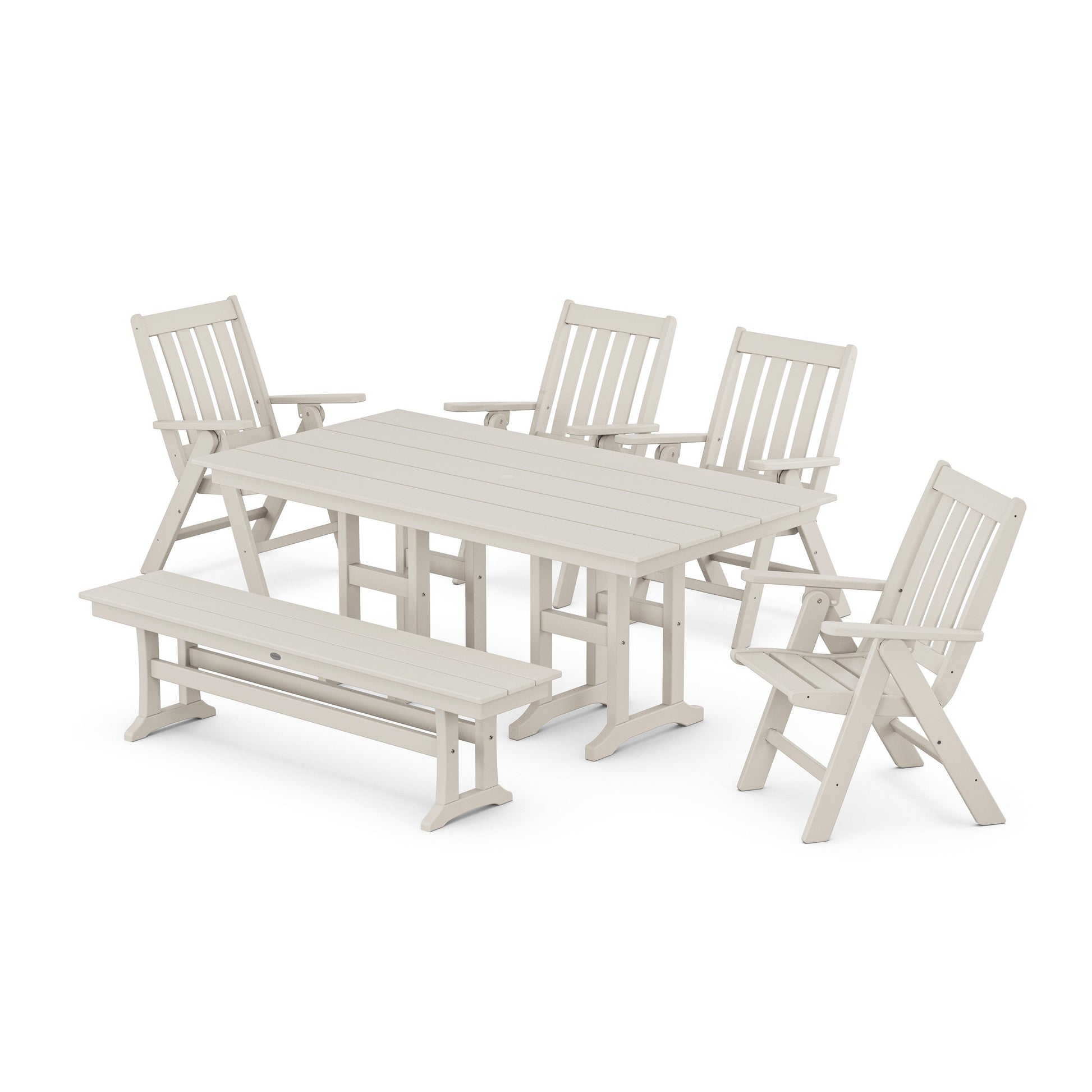 POLYWOOD Vineyard Folding Chair 6-Piece Farmhouse Dining Set with Bench — Sand