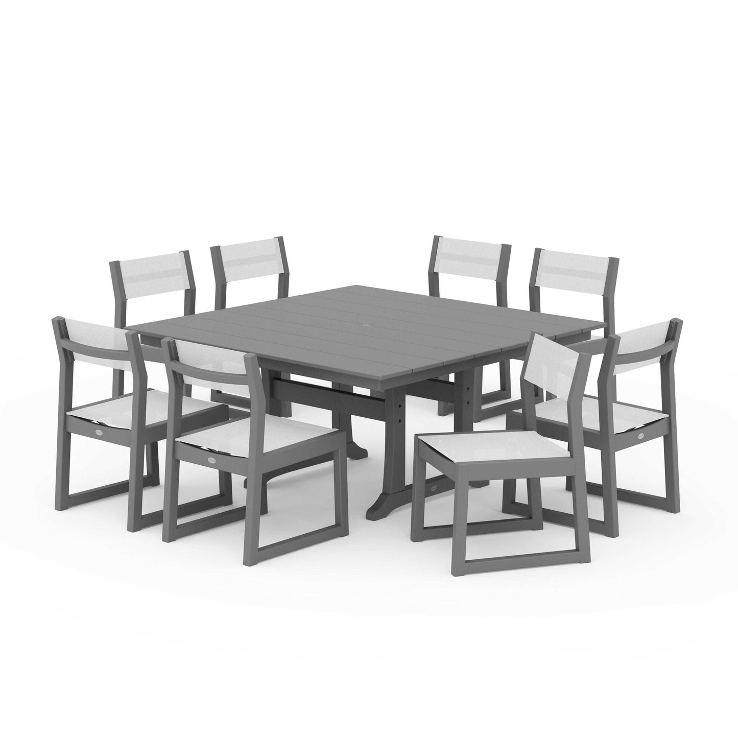 POLYWOOD EDGE Sling Side Chair 9-Piece Farmhouse Trestle Dining Set — Slate Grey / White Sling
