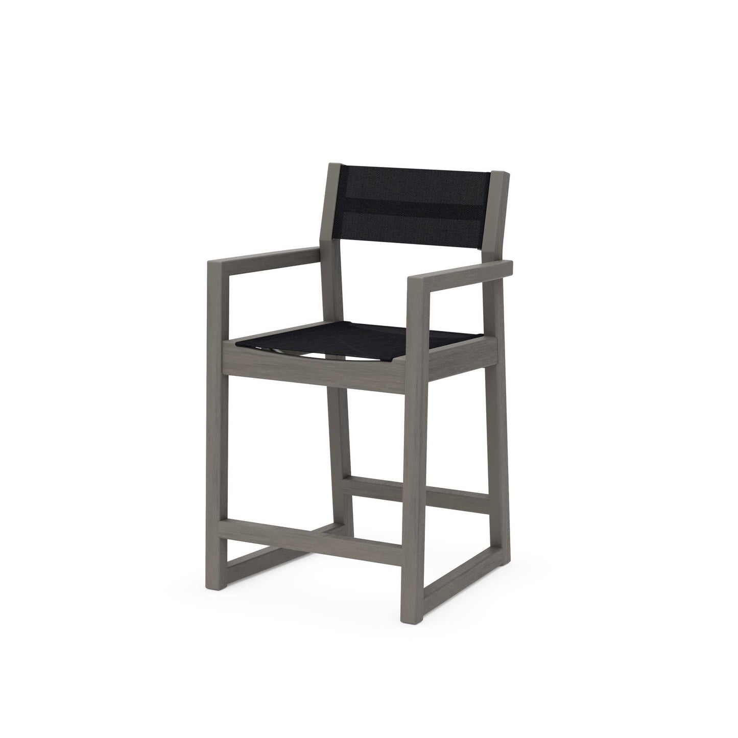 POLYWOOD EDGE Sling Counter Arm Chair — Driftwood / Black Sling