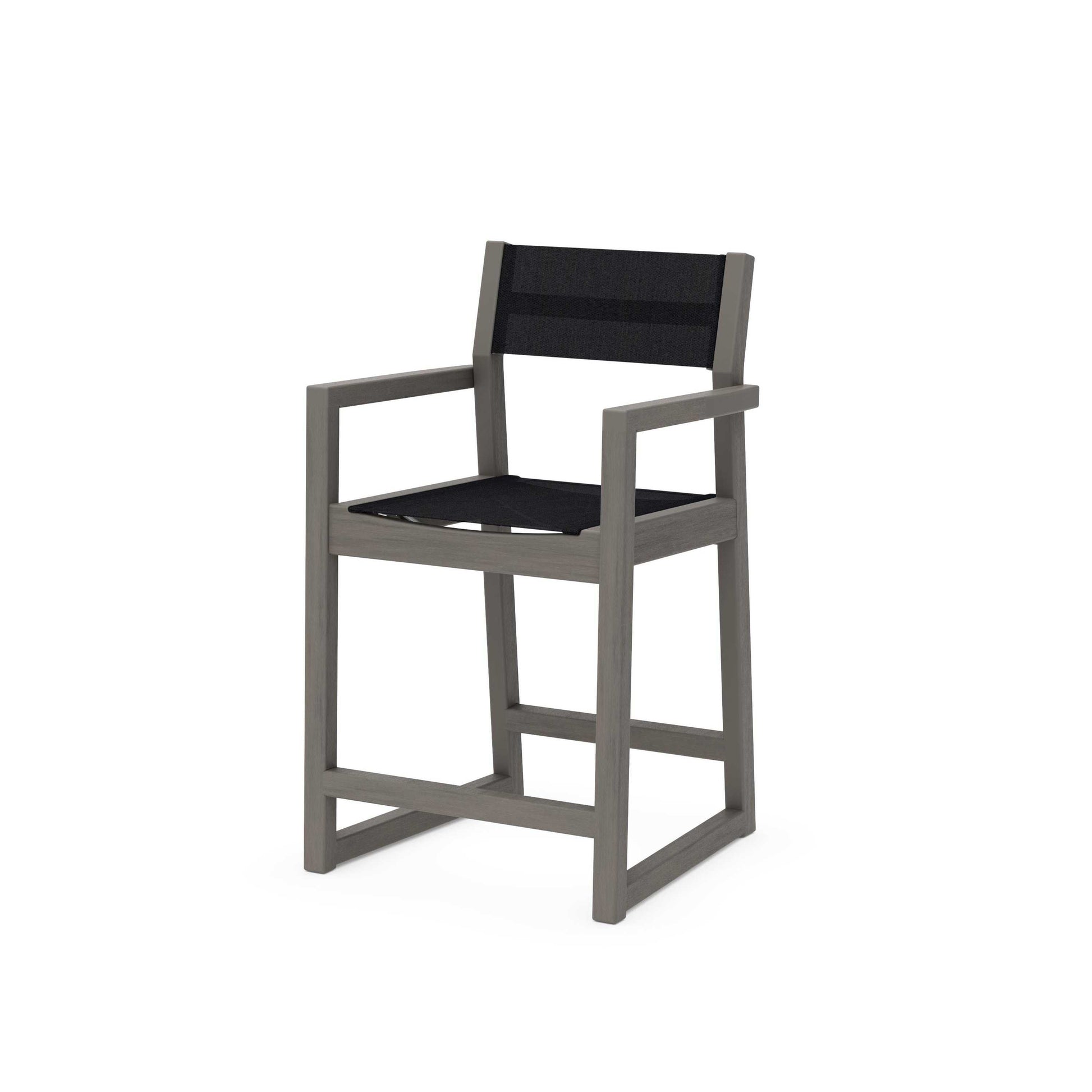 POLYWOOD EDGE Sling Counter Arm Chair — Driftwood / Black Sling