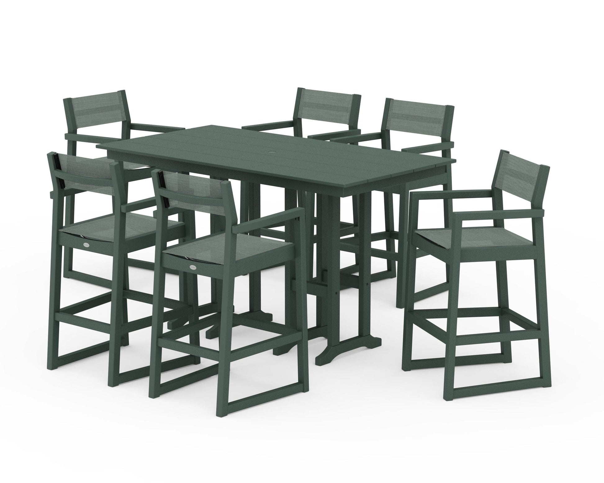 POLYWOOD EDGE Sling Arm Chair 7-Piece Farmhouse Bar Set — Green / Dupioni Sea Mist Sling