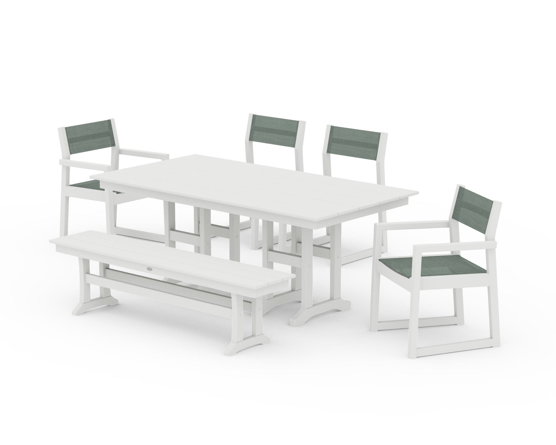 POLYWOOD EDGE Sling 6-Piece Farmhouse Dining Set — Vintage White / Dupioni Sea Mist Sling