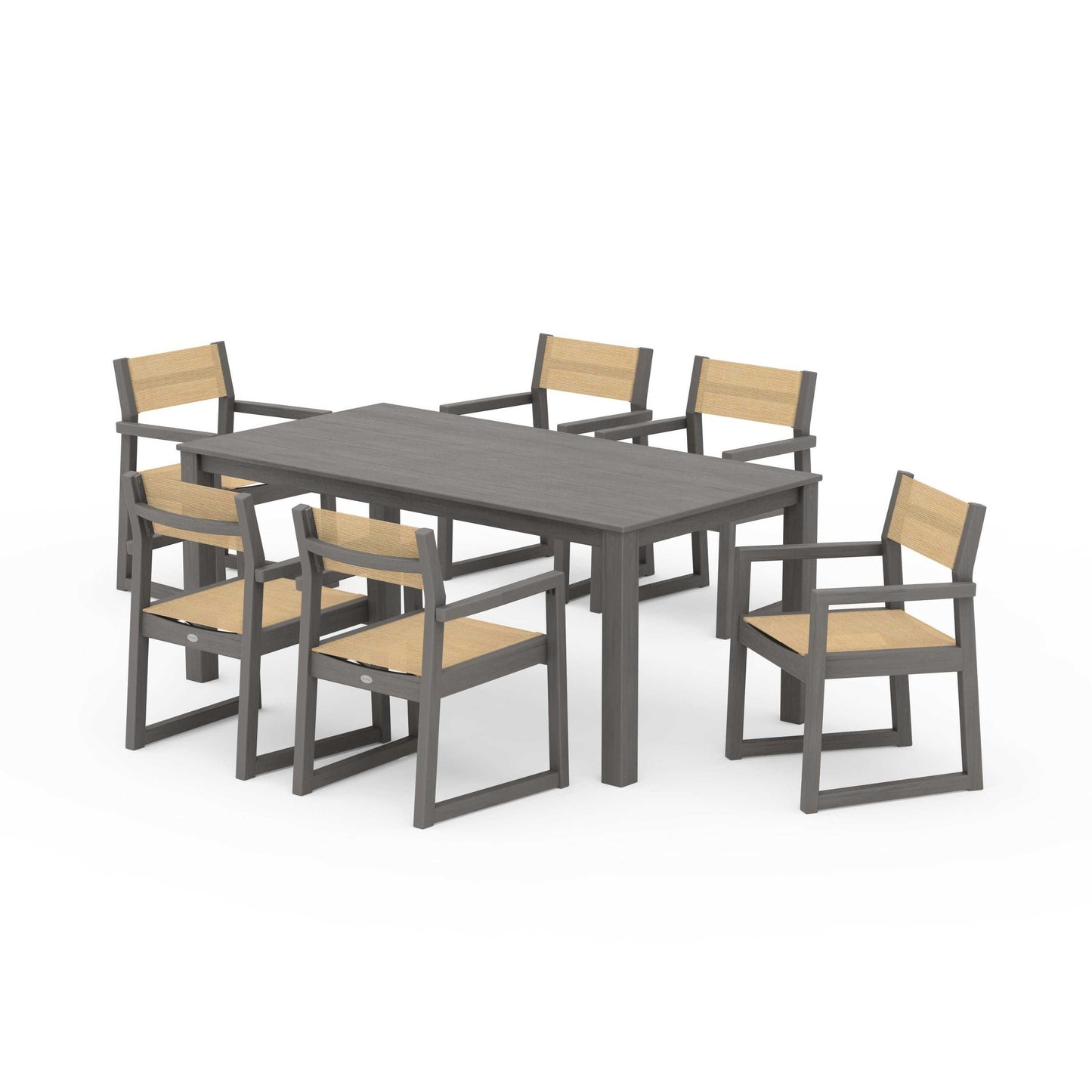 POLYWOOD EDGE Sling Arm Chair 7-Piece Parsons Dining Set — Driftwood / Dupioni Apricot Sling