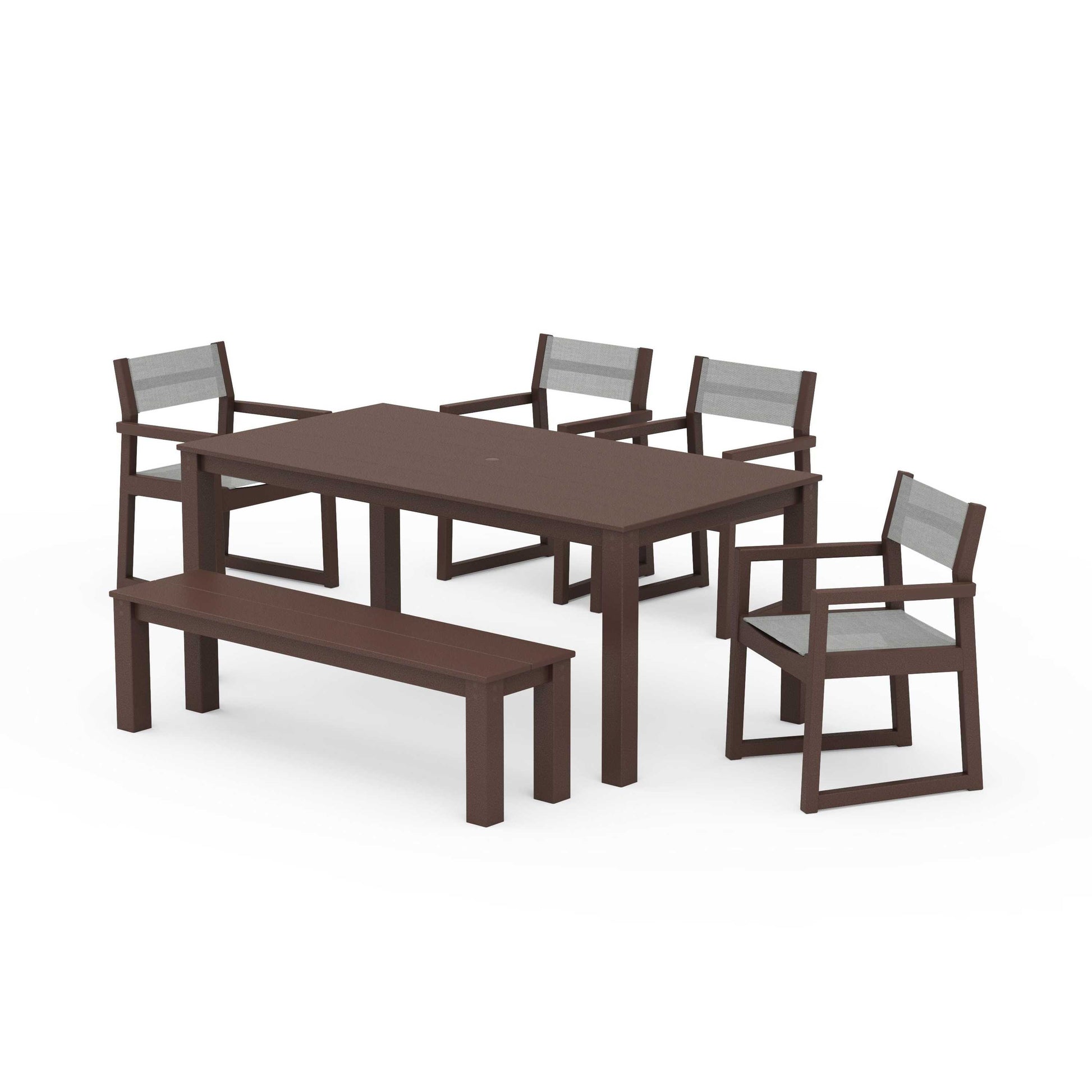 POLYWOOD EDGE Sling Arm Chair 6-Piece Parsons Dining Set with Bench — Mahogany / Metallic Sling