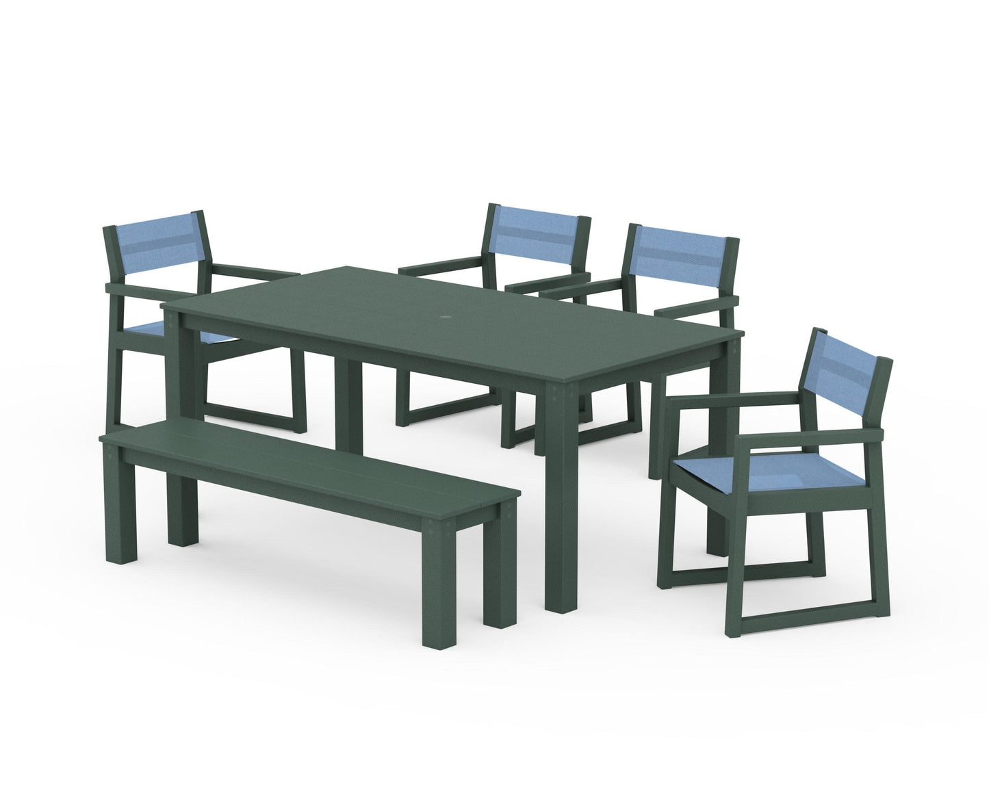 POLYWOOD EDGE Sling Arm Chair 6-Piece Parsons Dining Set with Bench — Green / Poolside Sling