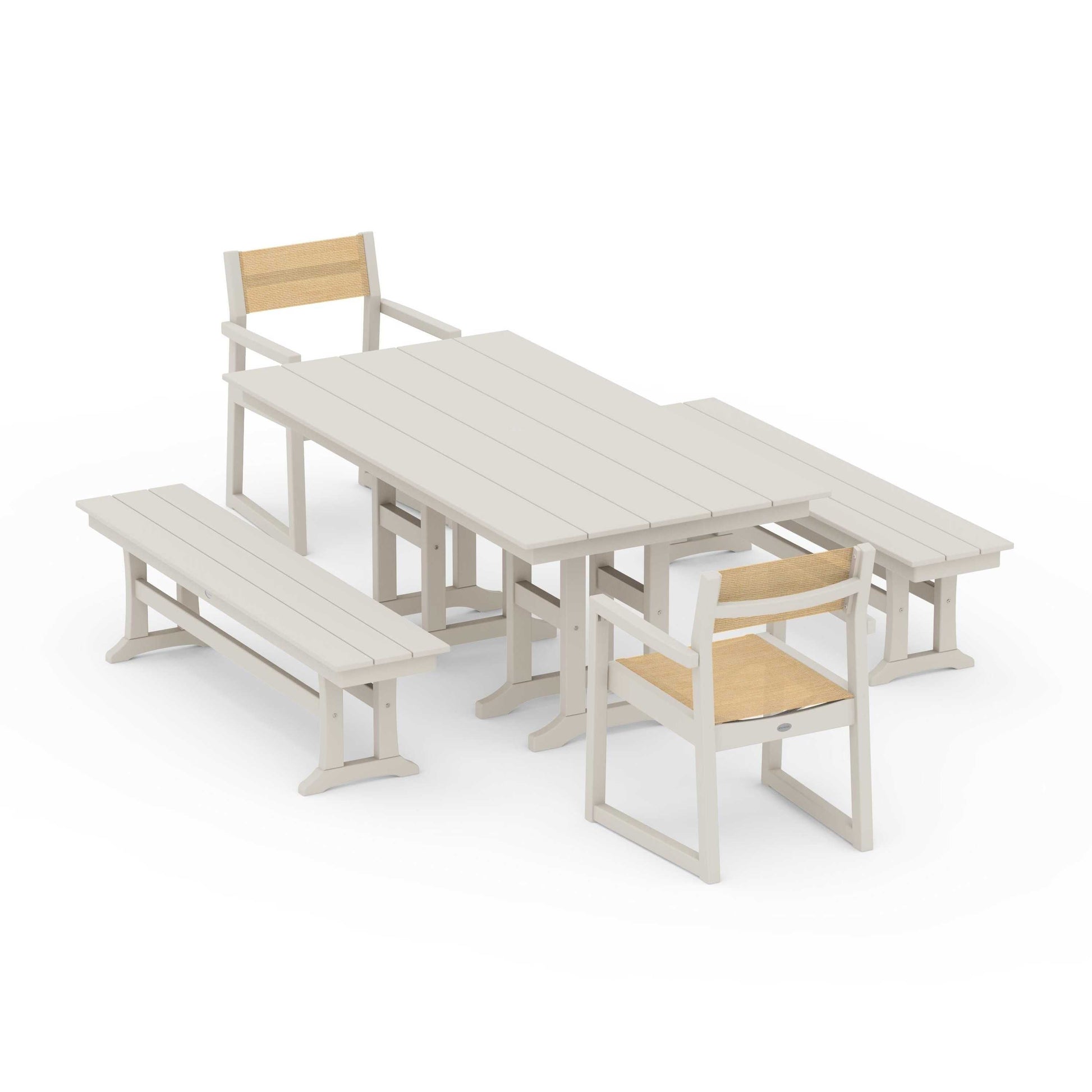 POLYWOOD EDGE Sling Arm Chair 5-Piece Farmhouse Dining Set with Benches — Sand / Dupioni Apricot Sling