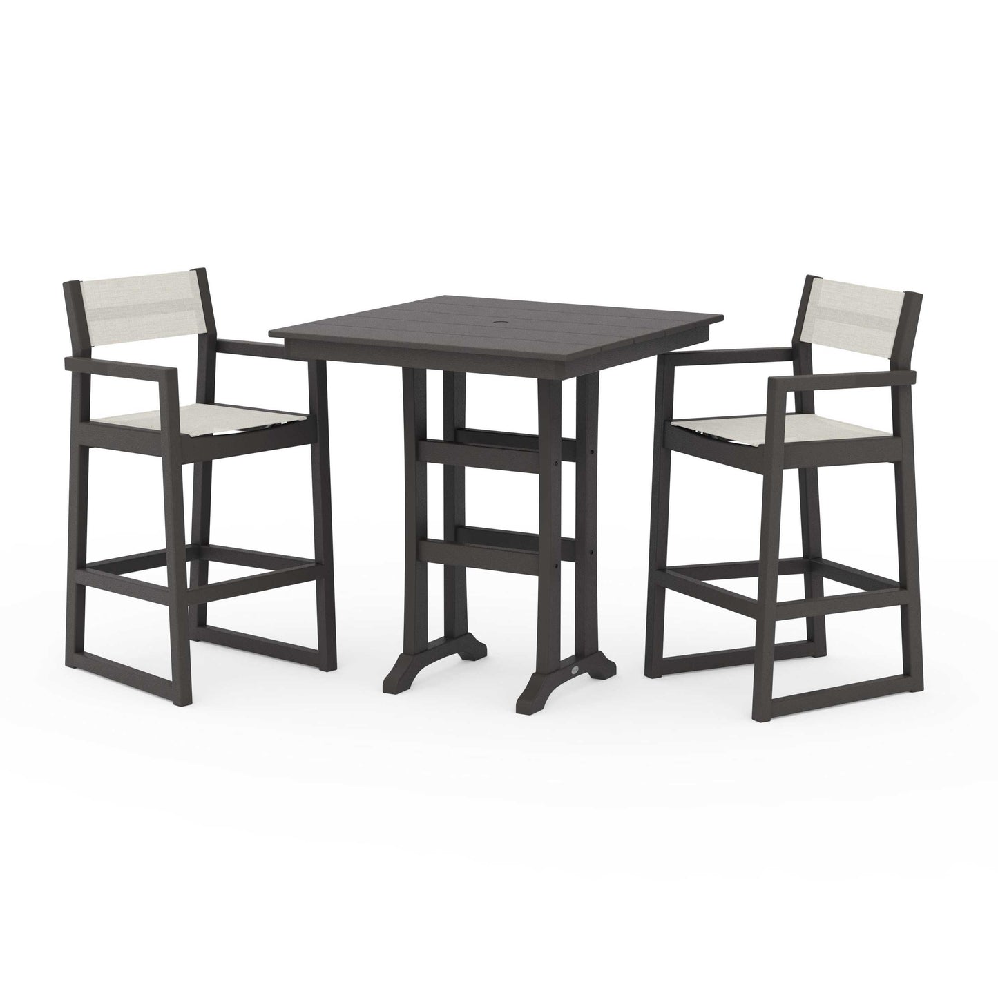 POLYWOOD EDGE Sling Arm Chair 3-Piece Farmhouse Bar Set with Trestle Legs — Vintage Coffee / Parchment Sling