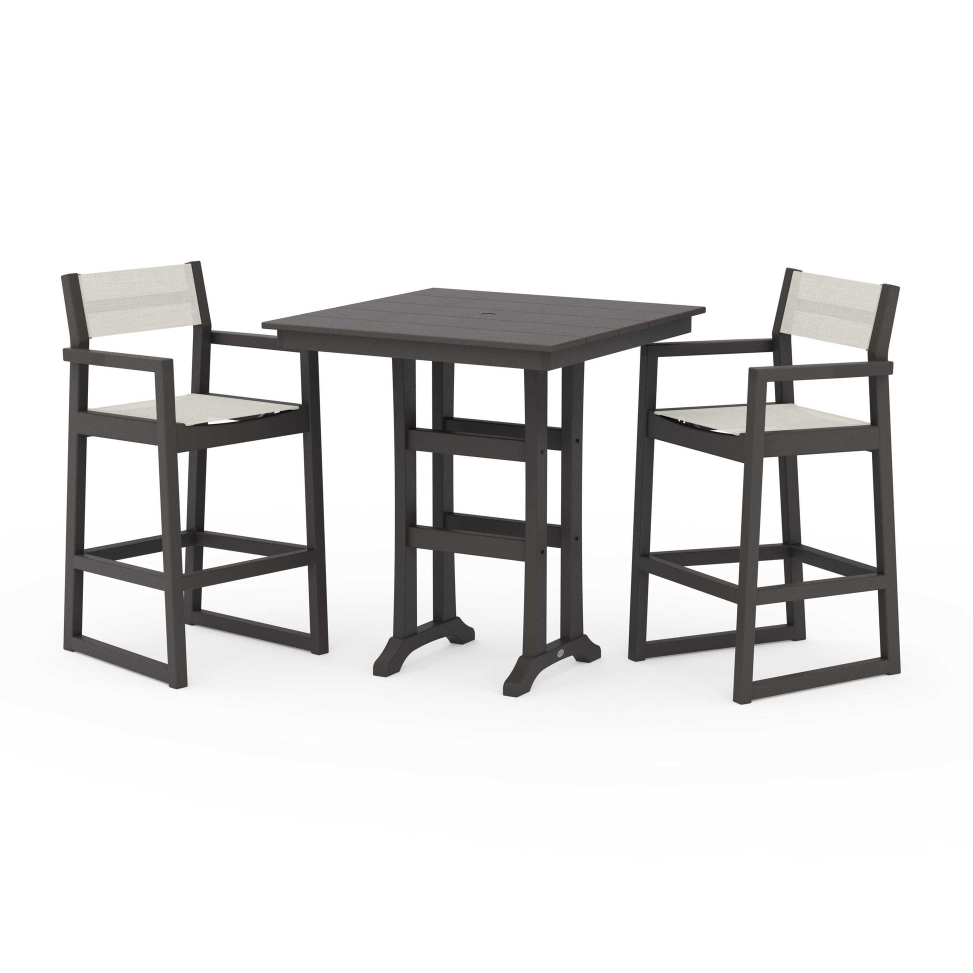 POLYWOOD EDGE Sling Arm Chair 3-Piece Farmhouse Bar Set with Trestle Legs — Vintage Coffee / Parchment Sling