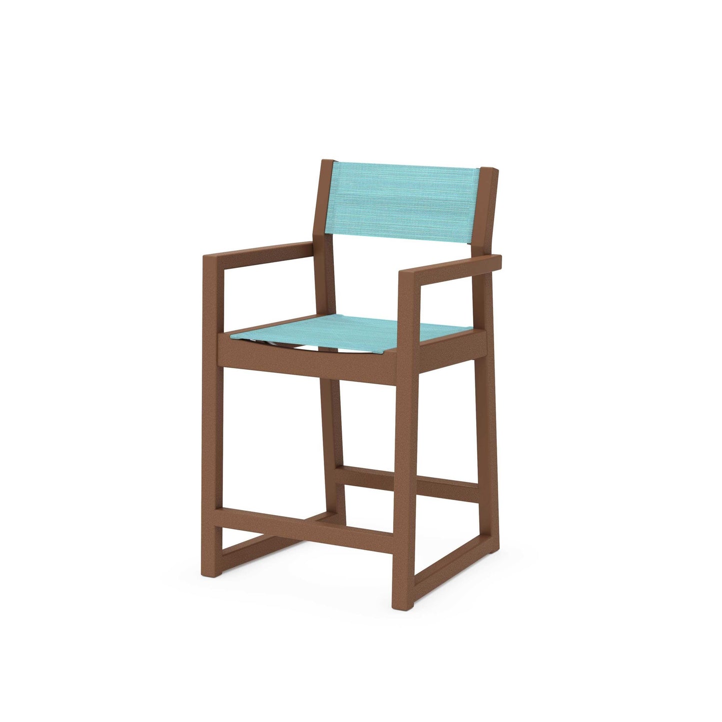 POLYWOOD EDGE Sling Counter Arm Chair — Teak / Dupioni Aquamarine Sling