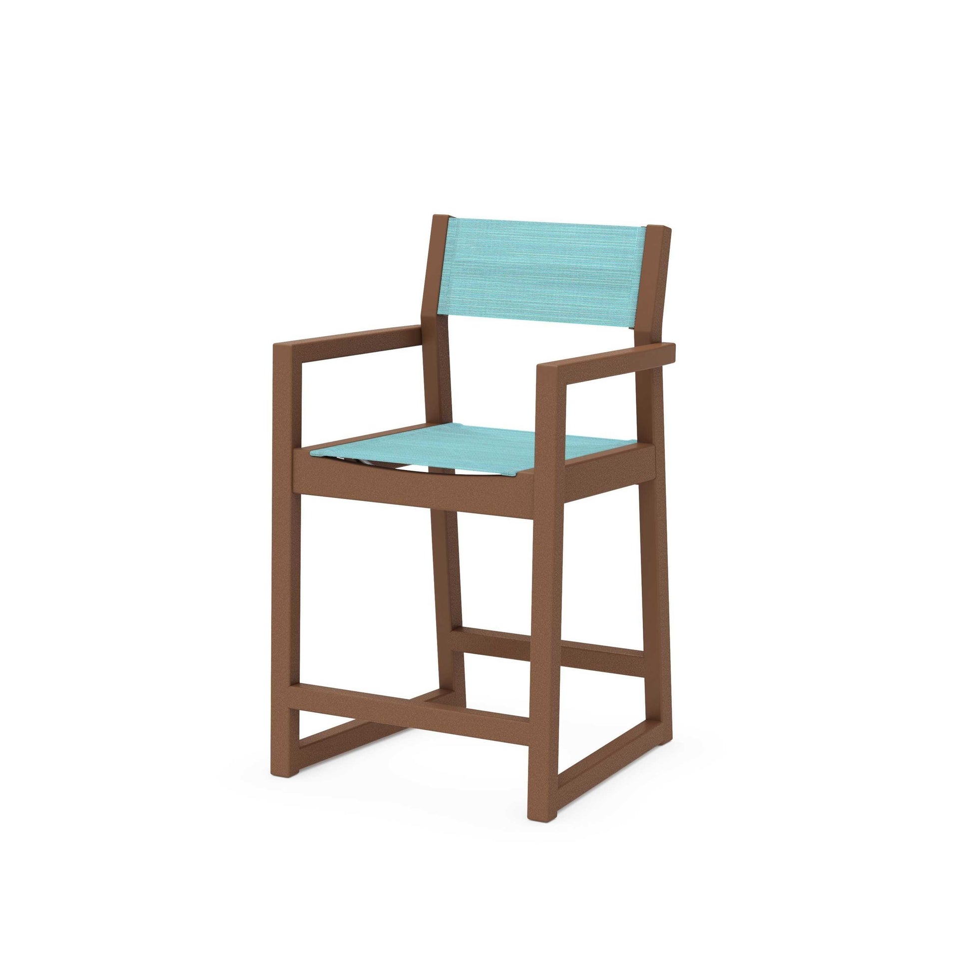 POLYWOOD EDGE Sling Counter Arm Chair — Teak / Dupioni Aquamarine Sling