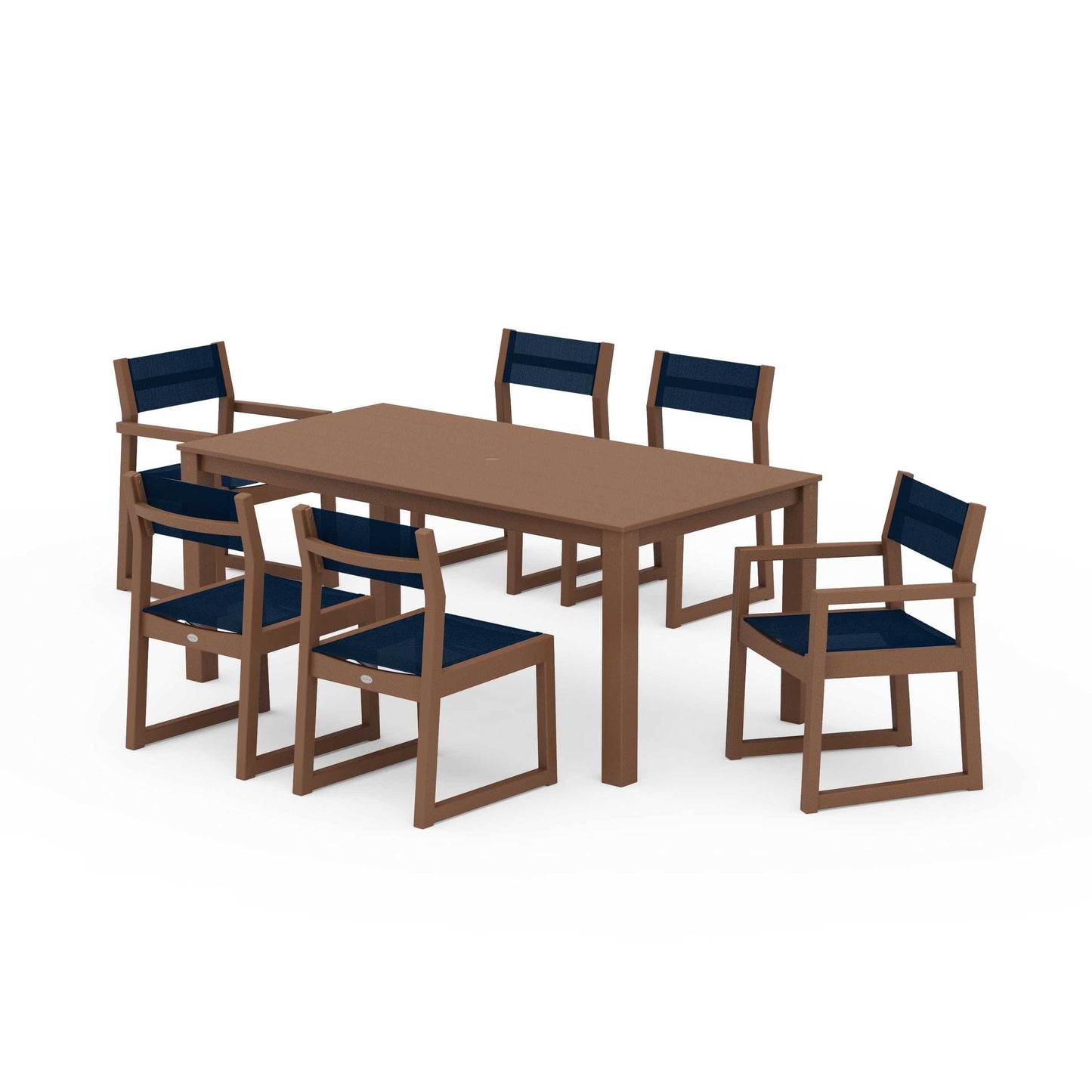 POLYWOOD EDGE Sling 7-Piece Parsons Dining Set — Teak / Navy Blue Sling