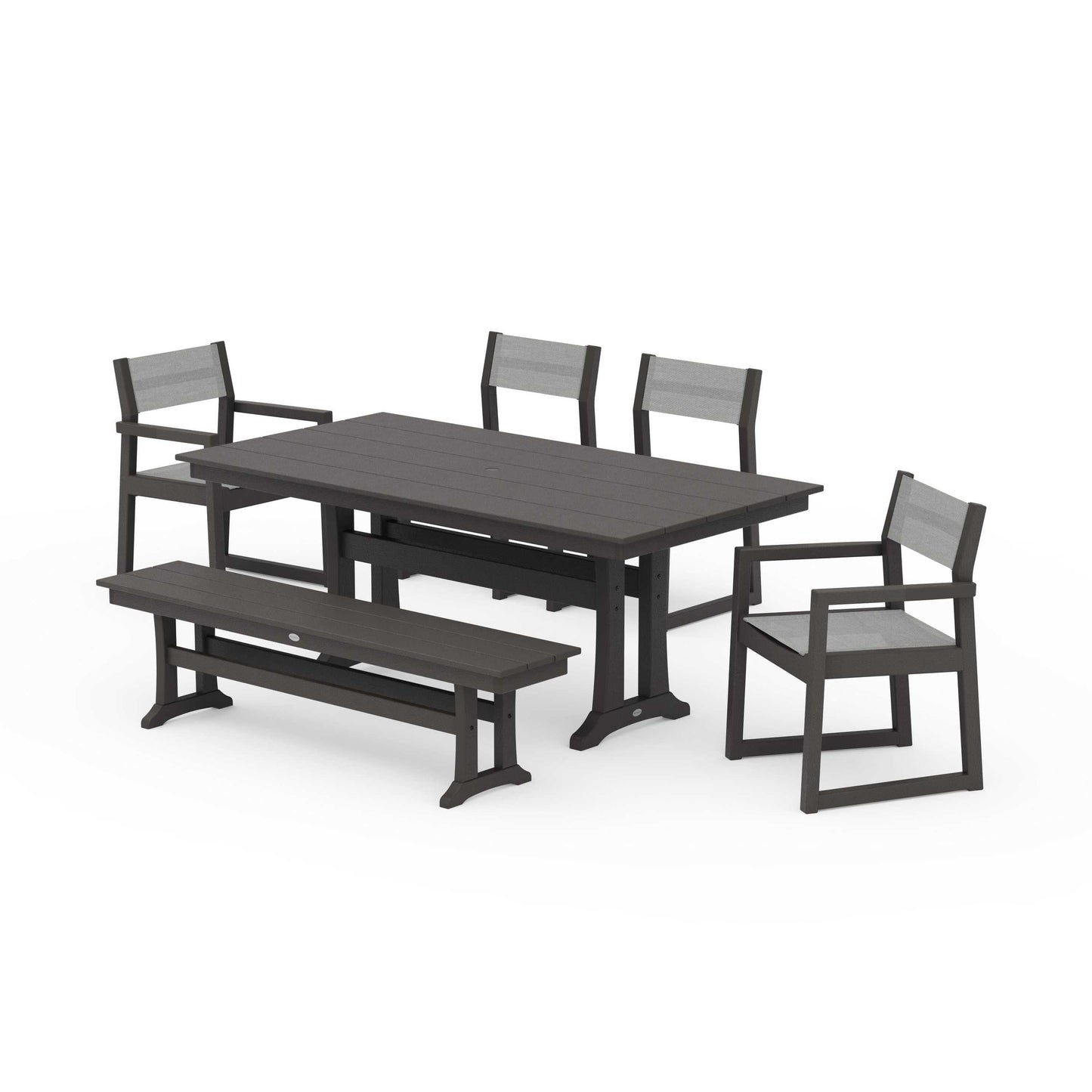 POLYWOOD EDGE Sling 6-Piece Farmhouse Dining Set With Trestle Legs — Vintage Coffee / Metallic Sling
