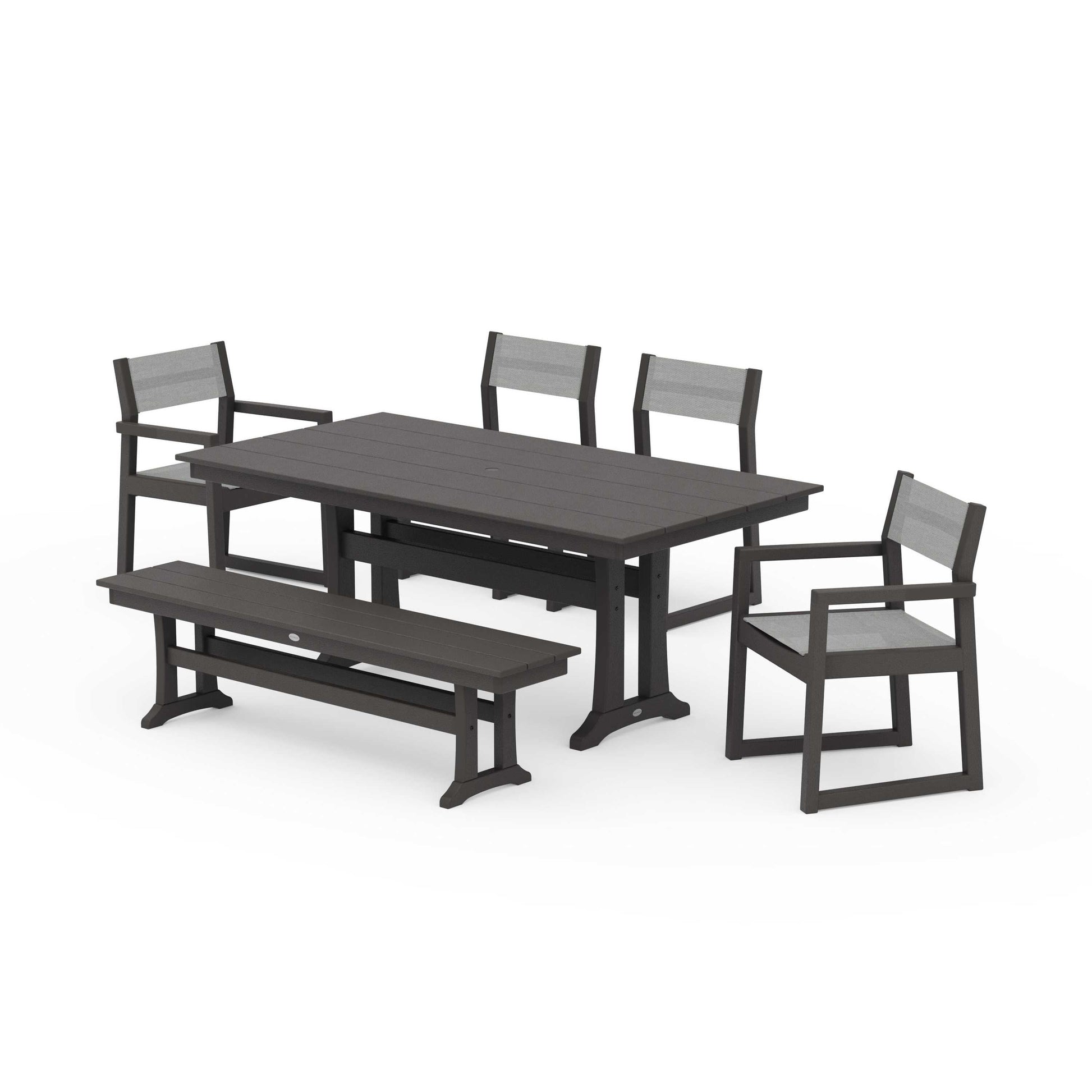 POLYWOOD EDGE Sling 6-Piece Farmhouse Dining Set With Trestle Legs — Vintage Coffee / Metallic Sling