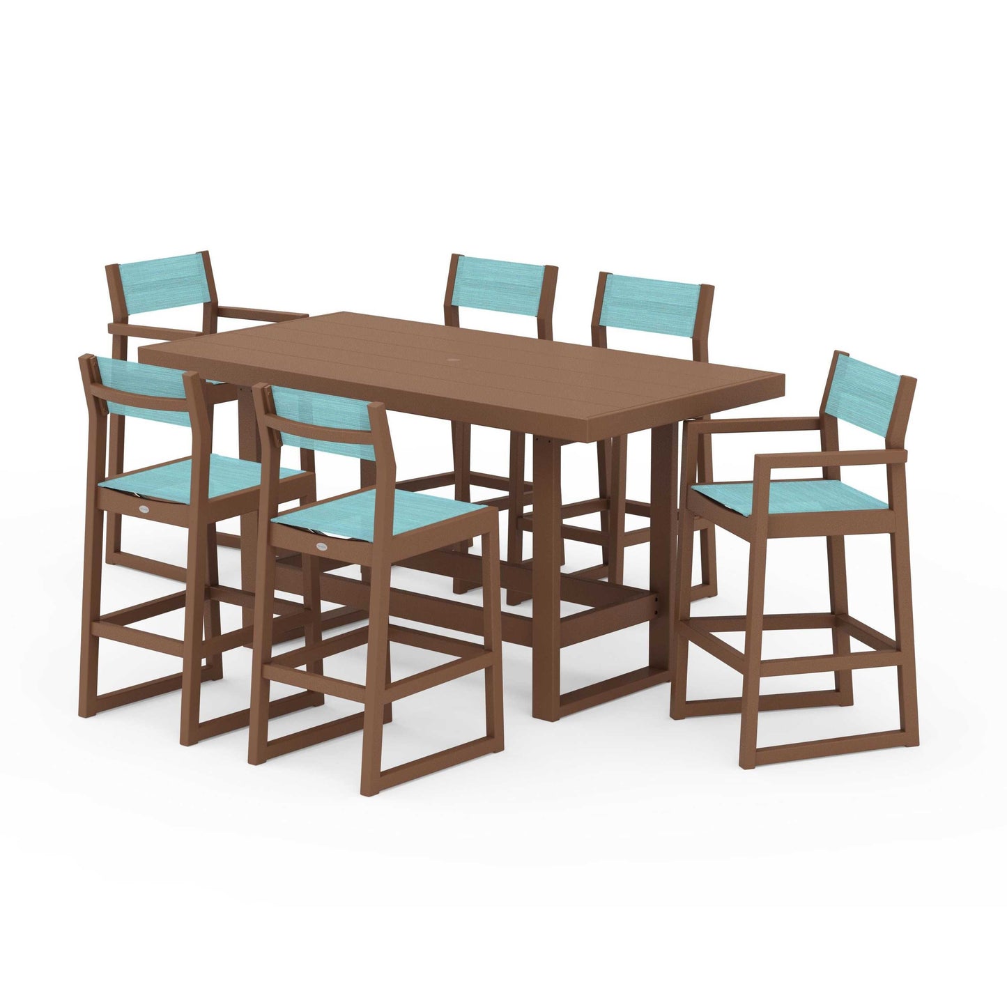 POLYWOOD EDGE Sling 7-Piece Bar Table Set — Teak / Dupioni Aquamarine Sling