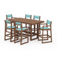POLYWOOD EDGE Sling 7-Piece Bar Table Set — Teak / Dupioni Aquamarine Sling