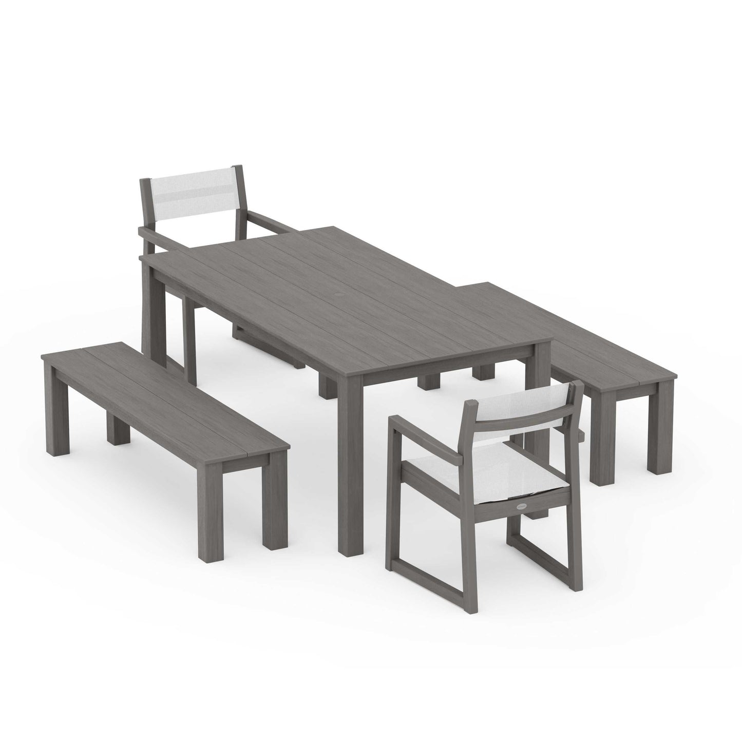 POLYWOOD EDGE Sling Arm Chair 5-Piece Parsons Dining Set with Benches — Driftwood / White Sling