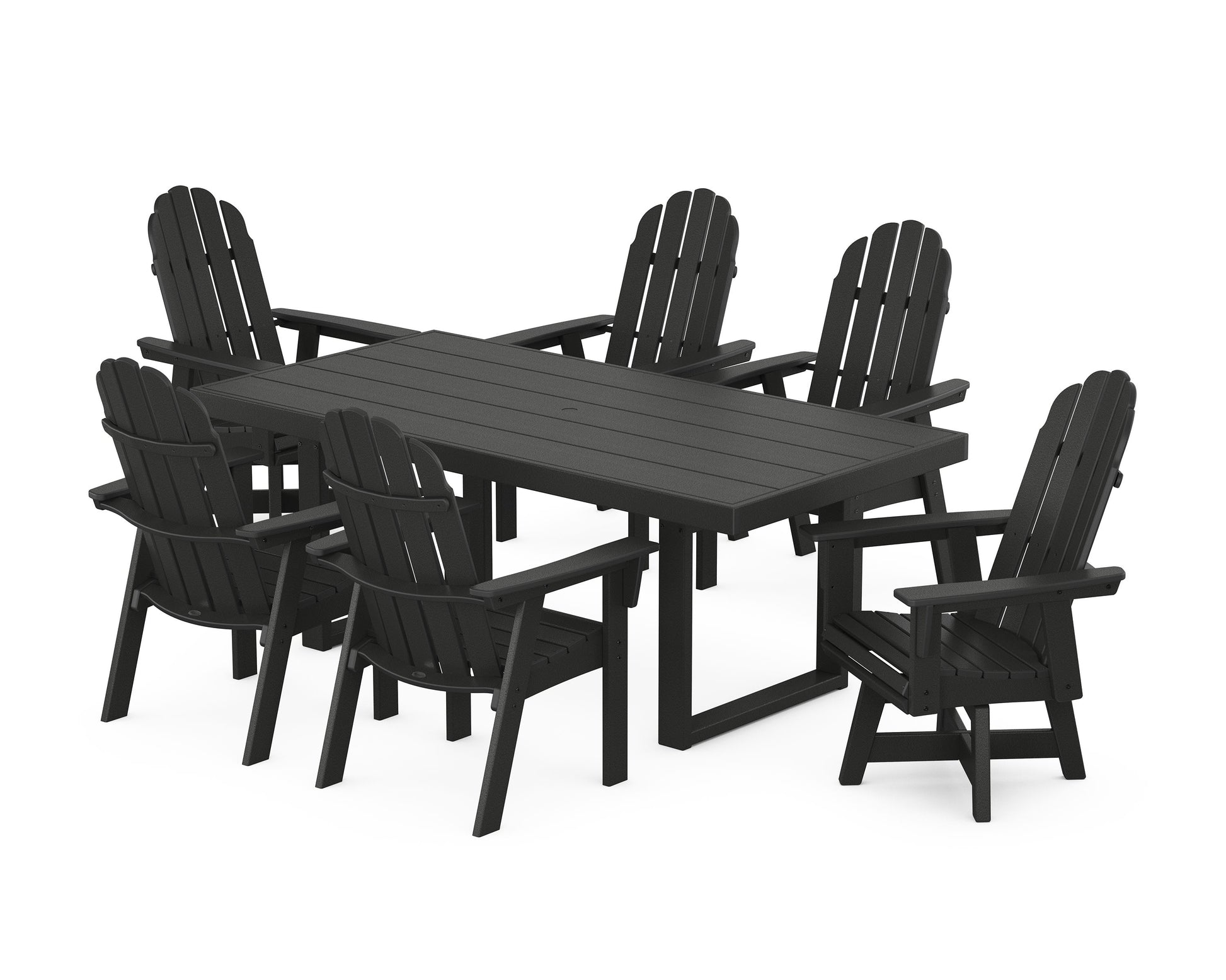 POLYWOOD Vineyard Curveback Adirondack Swivel Chair 7-Piece Dining Set — Black