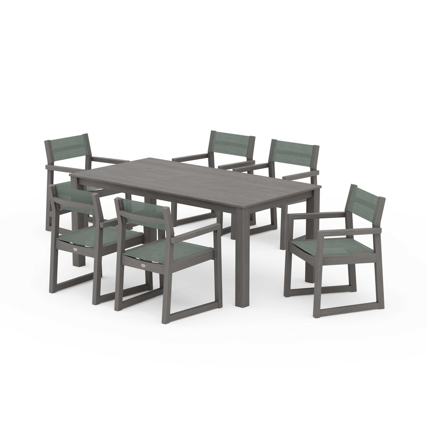 POLYWOOD EDGE Sling Arm Chair 7-Piece Parsons Dining Set — Driftwood / Dupioni Sea Mist Sling