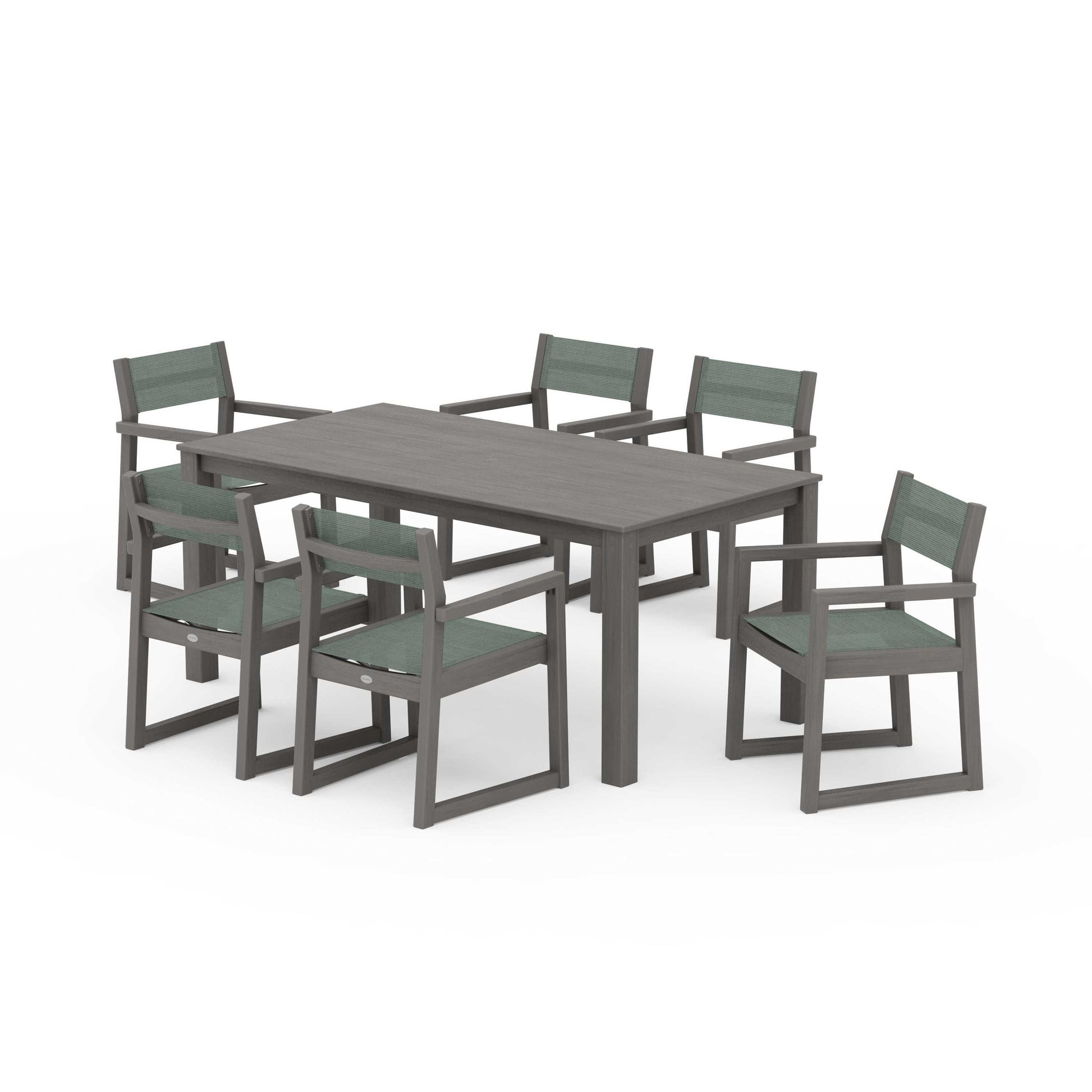 POLYWOOD EDGE Sling Arm Chair 7-Piece Parsons Dining Set — Driftwood / Dupioni Sea Mist Sling