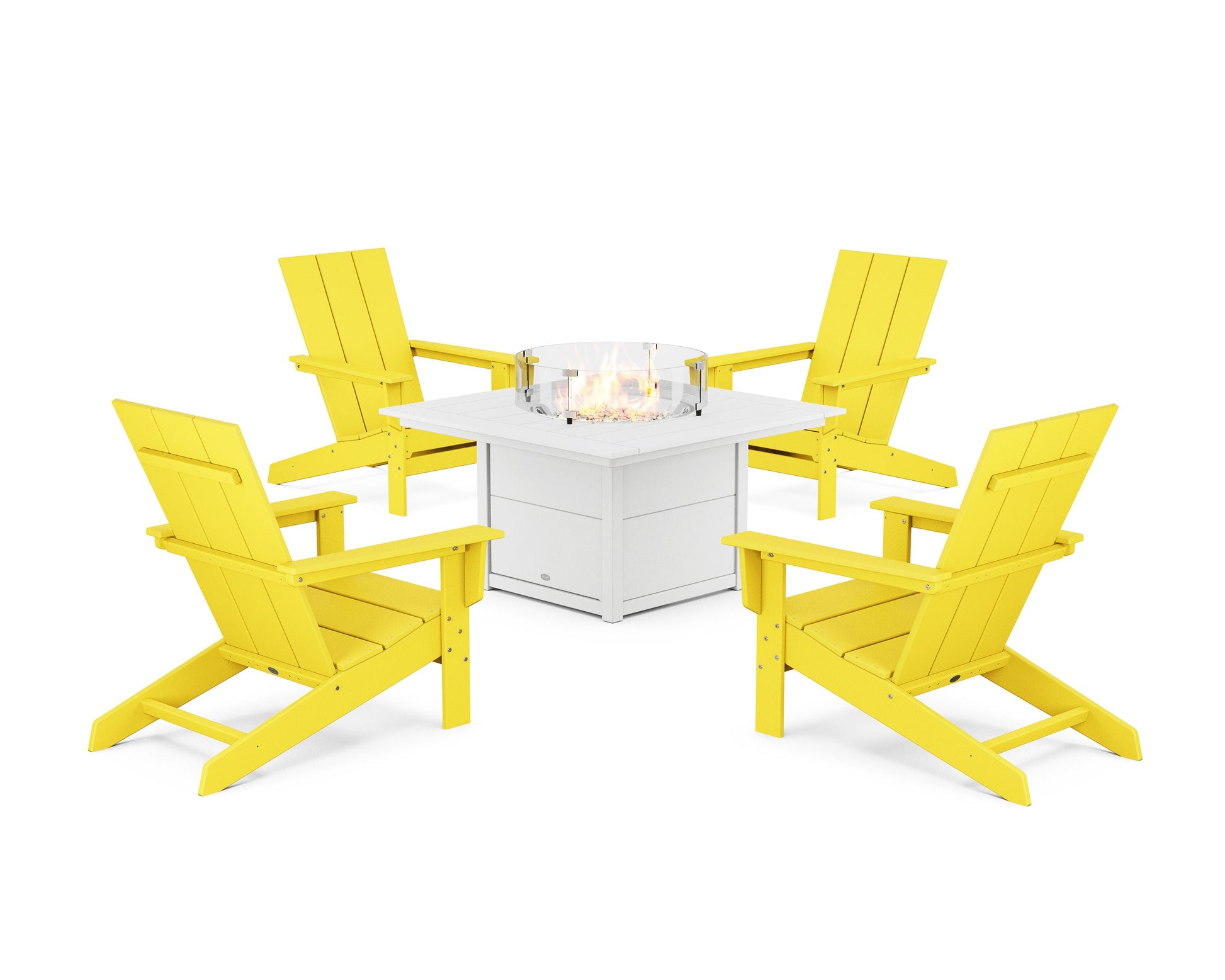 POLYWOOD 5-Piece Modern Studio Adirondack Conversation Set with Fire Pit Table — Lemon / White
