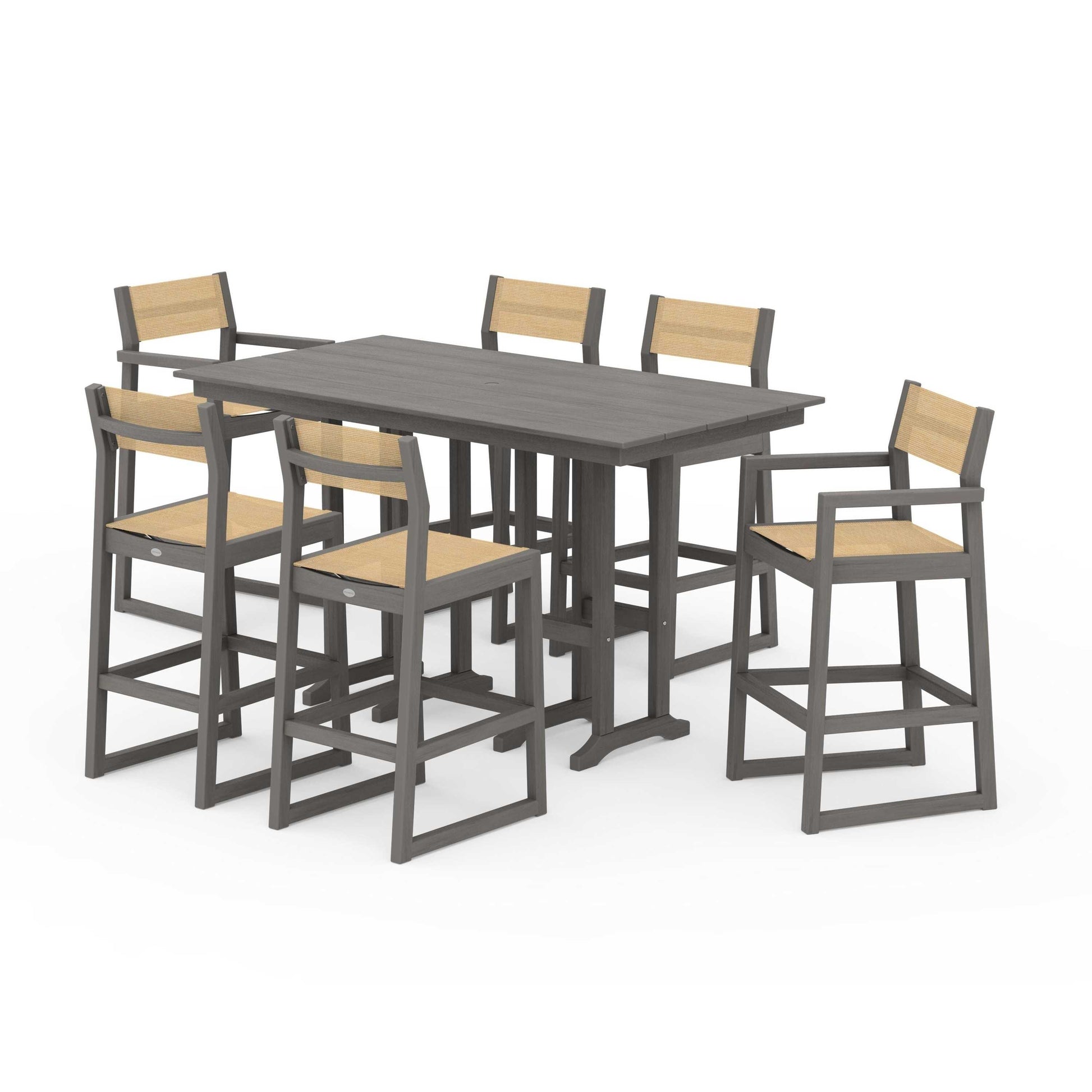 POLYWOOD EDGE Sling 7-Piece Farmhouse Bar Set — Driftwood / Dupioni Apricot Sling