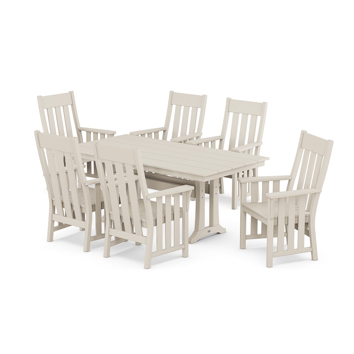 POLYWOOD Acadia Arm Chair 7-Piece Farmhouse Dining Set with Trestle Legs — Sand