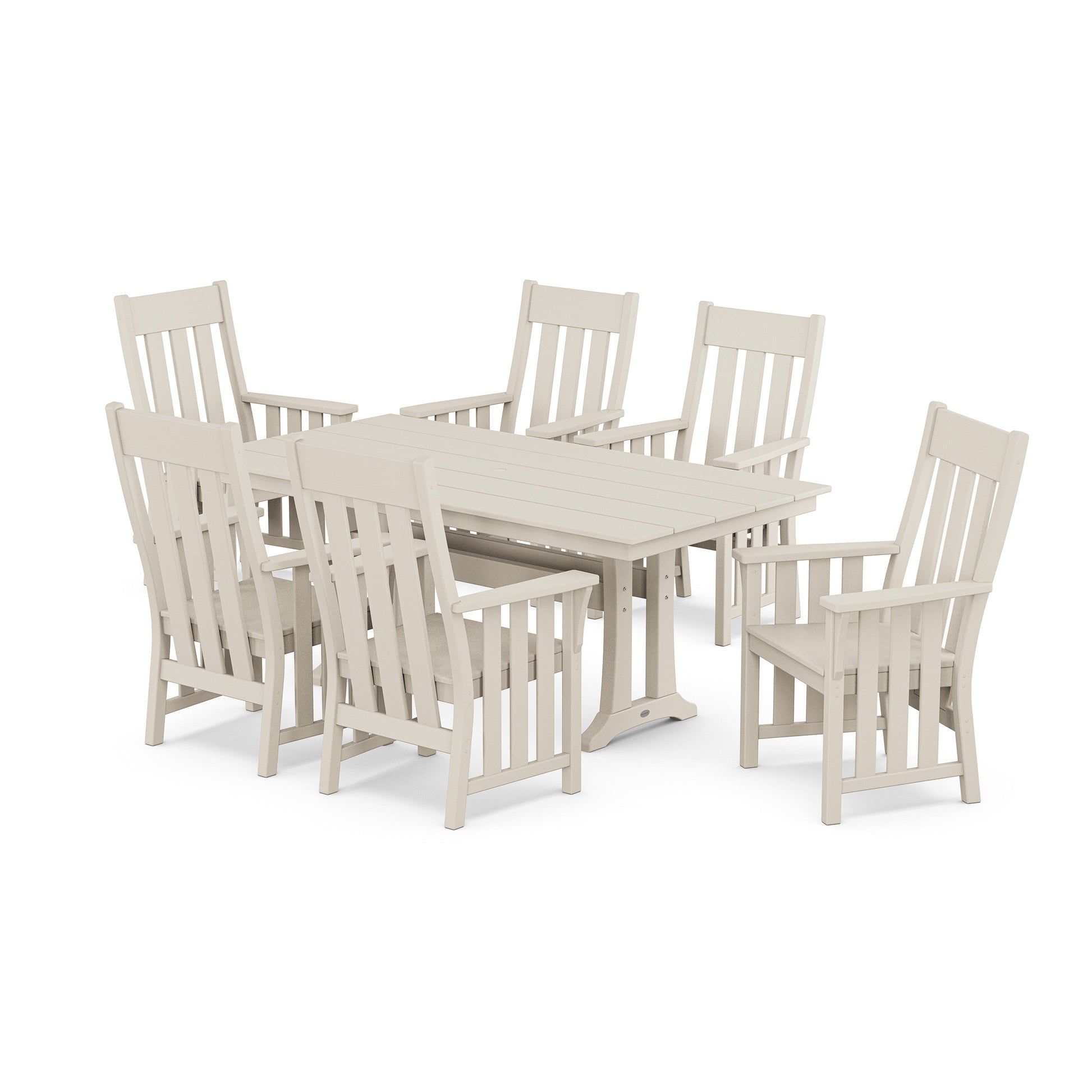 POLYWOOD Acadia Arm Chair 7-Piece Farmhouse Dining Set with Trestle Legs — Sand