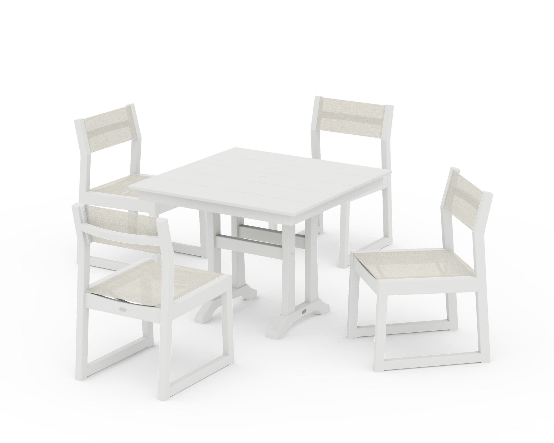 POLYWOOD EDGE Sling 5-Piece Farmhouse Trestle Side Chair Dining Set — Vintage White / Parchment Sling
