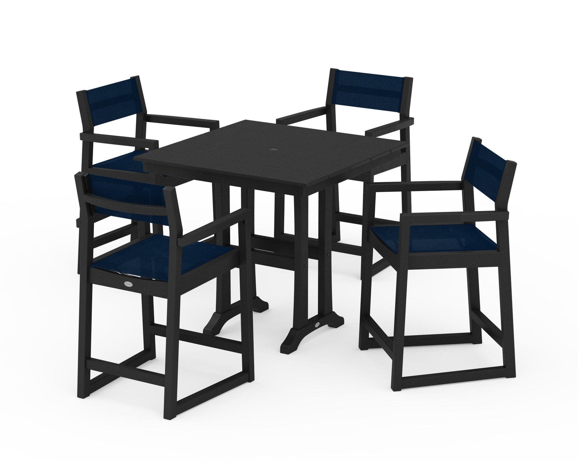 POLYWOOD EDGE Sling Arm Chair 5-Piece Farmhouse Counter Set with Trestle Legs — Black / Navy Blue Sling