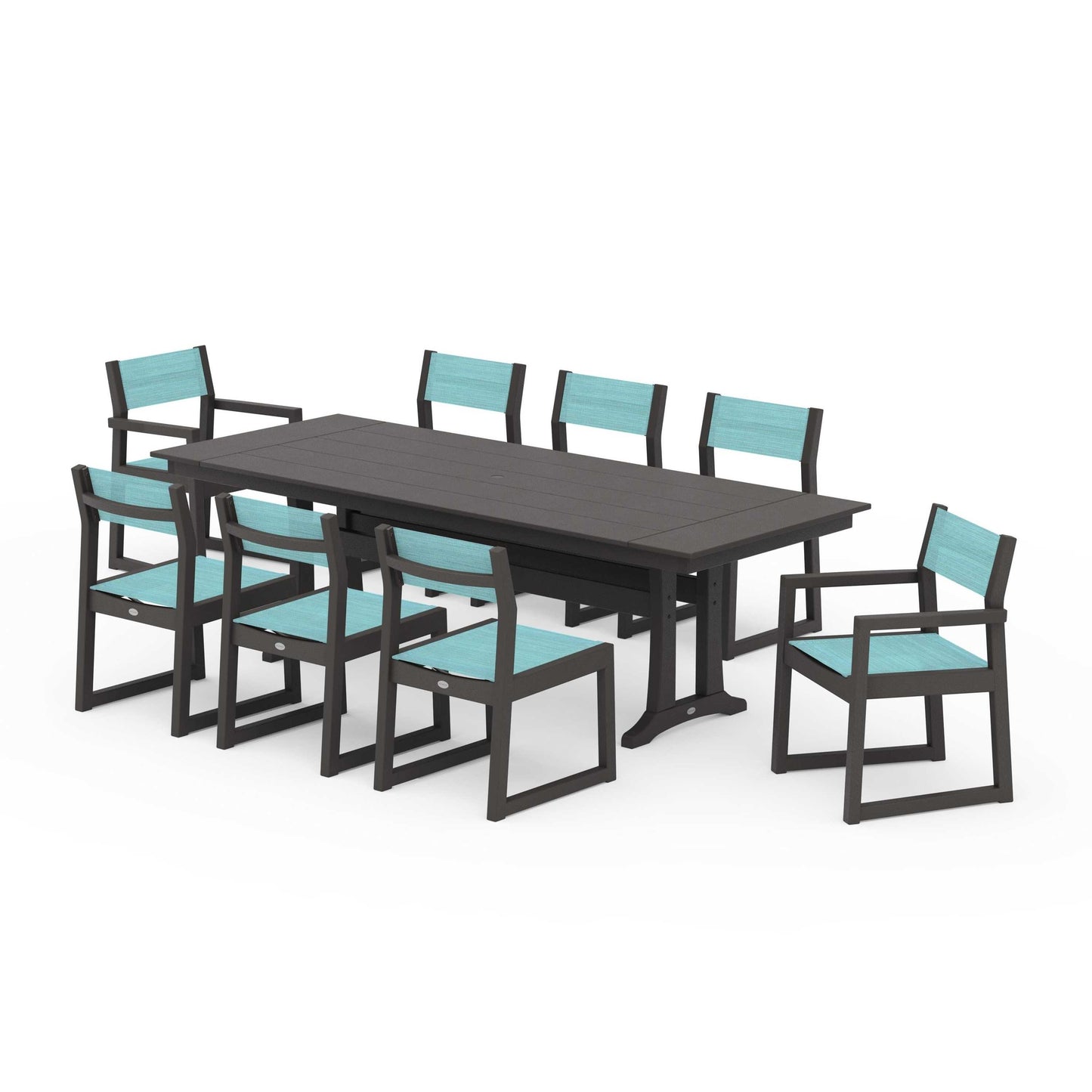 POLYWOOD EDGE Sling 9-Piece Farmhouse Trestle Dining Set — Vintage Coffee / Dupioni Aquamarine Sling