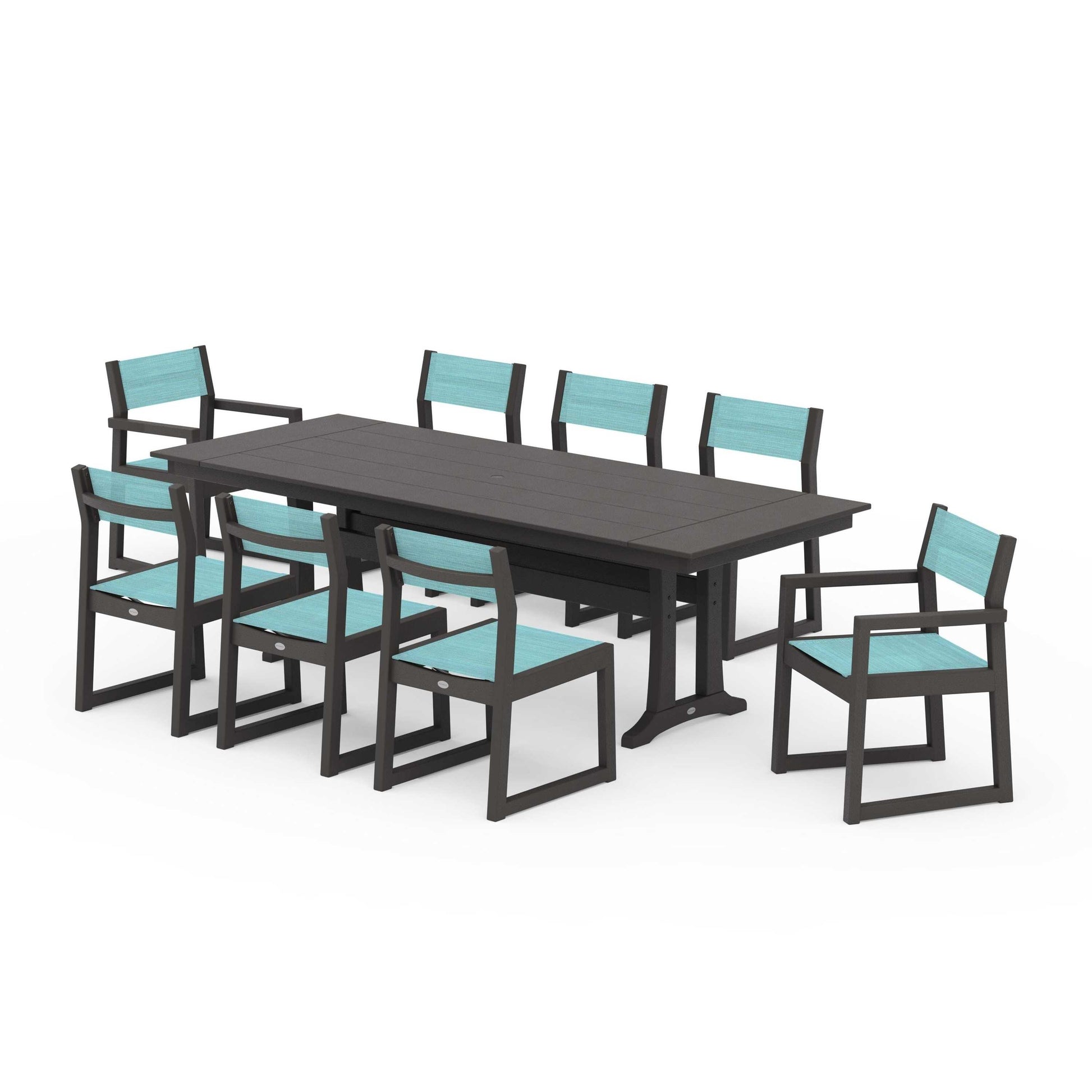 POLYWOOD EDGE Sling 9-Piece Farmhouse Trestle Dining Set — Vintage Coffee / Dupioni Aquamarine Sling