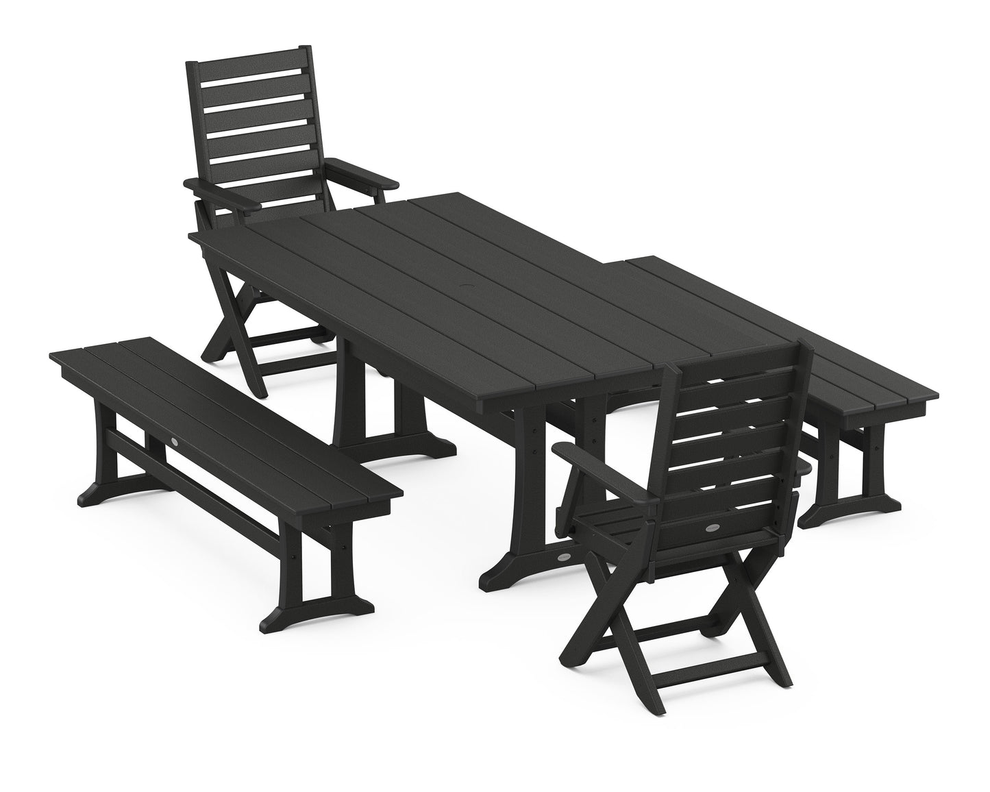 POLYWOOD Captain Folding Chair 5-Piece Farmhouse Dining Set With Trestle Legs — Black