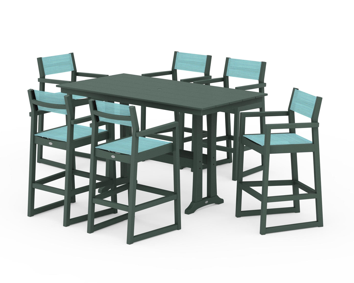 POLYWOOD EDGE Sling Arm Chair 7-Piece Farmhouse Bar Set with Trestle Legs — Green / Dupioni Aquamarine Sling