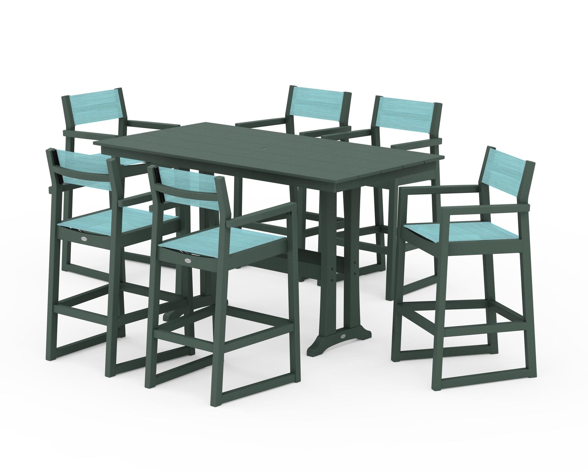 POLYWOOD EDGE Sling Arm Chair 7-Piece Farmhouse Bar Set with Trestle Legs — Green / Dupioni Aquamarine Sling