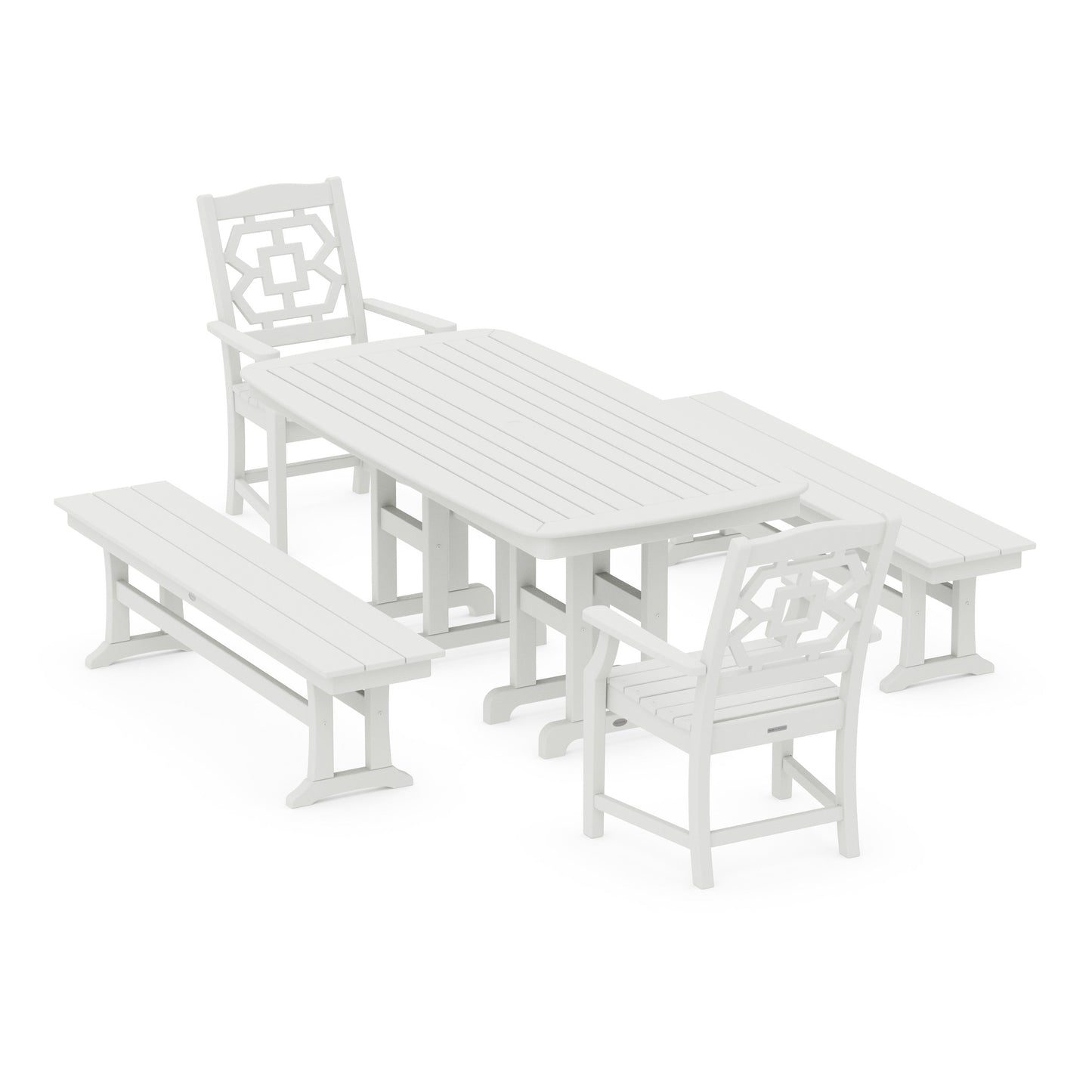 POLYWOOD Chinoiserie 5-Piece Dining Set with Benches — Vintage White