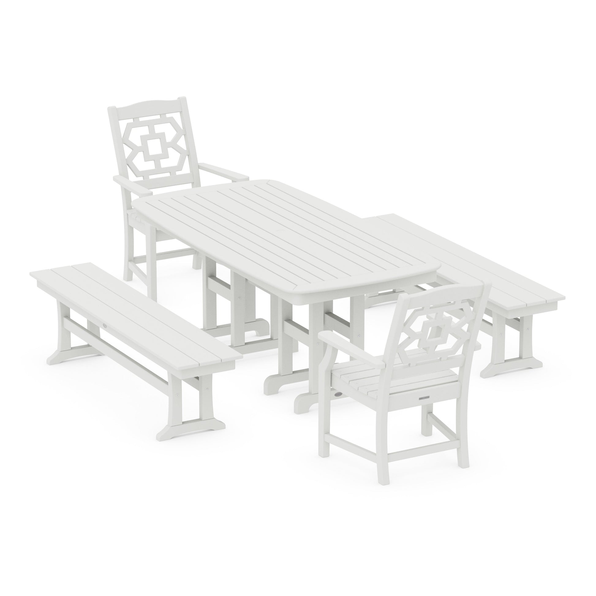 POLYWOOD Chinoiserie 5-Piece Dining Set with Benches — Vintage White