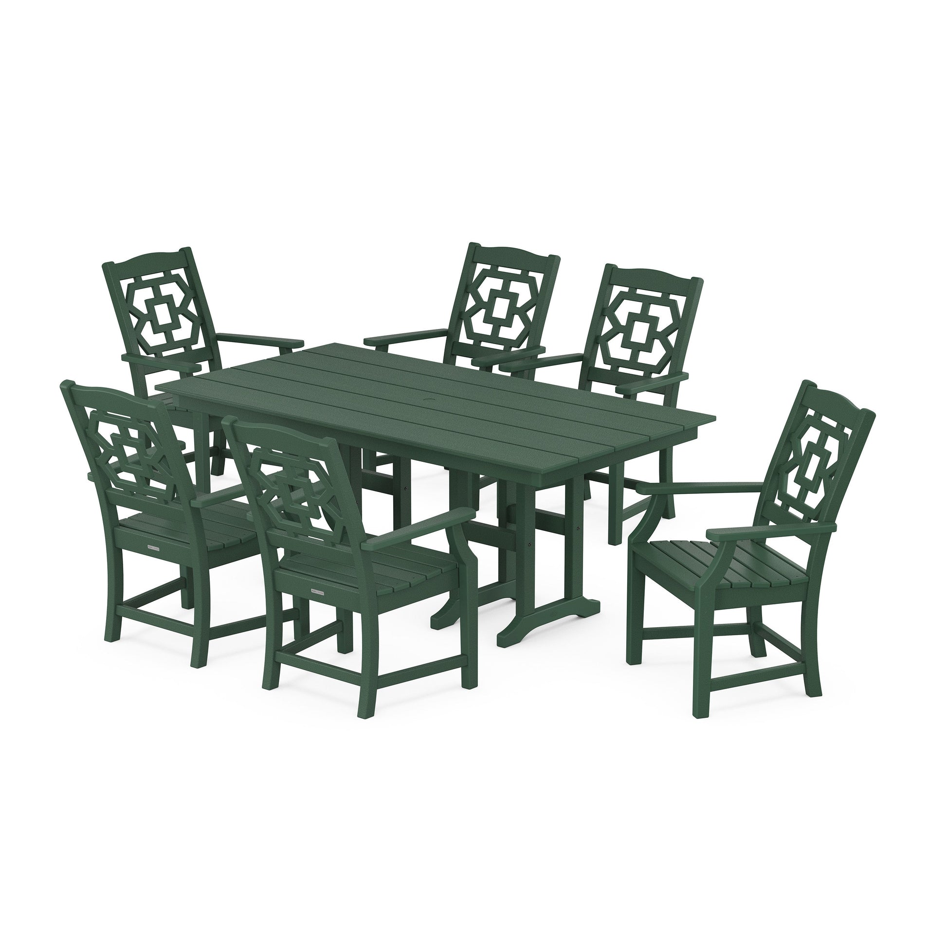 POLYWOOD Chinoiserie Arm Chair 7-Piece Farmhouse Dining Set — Green