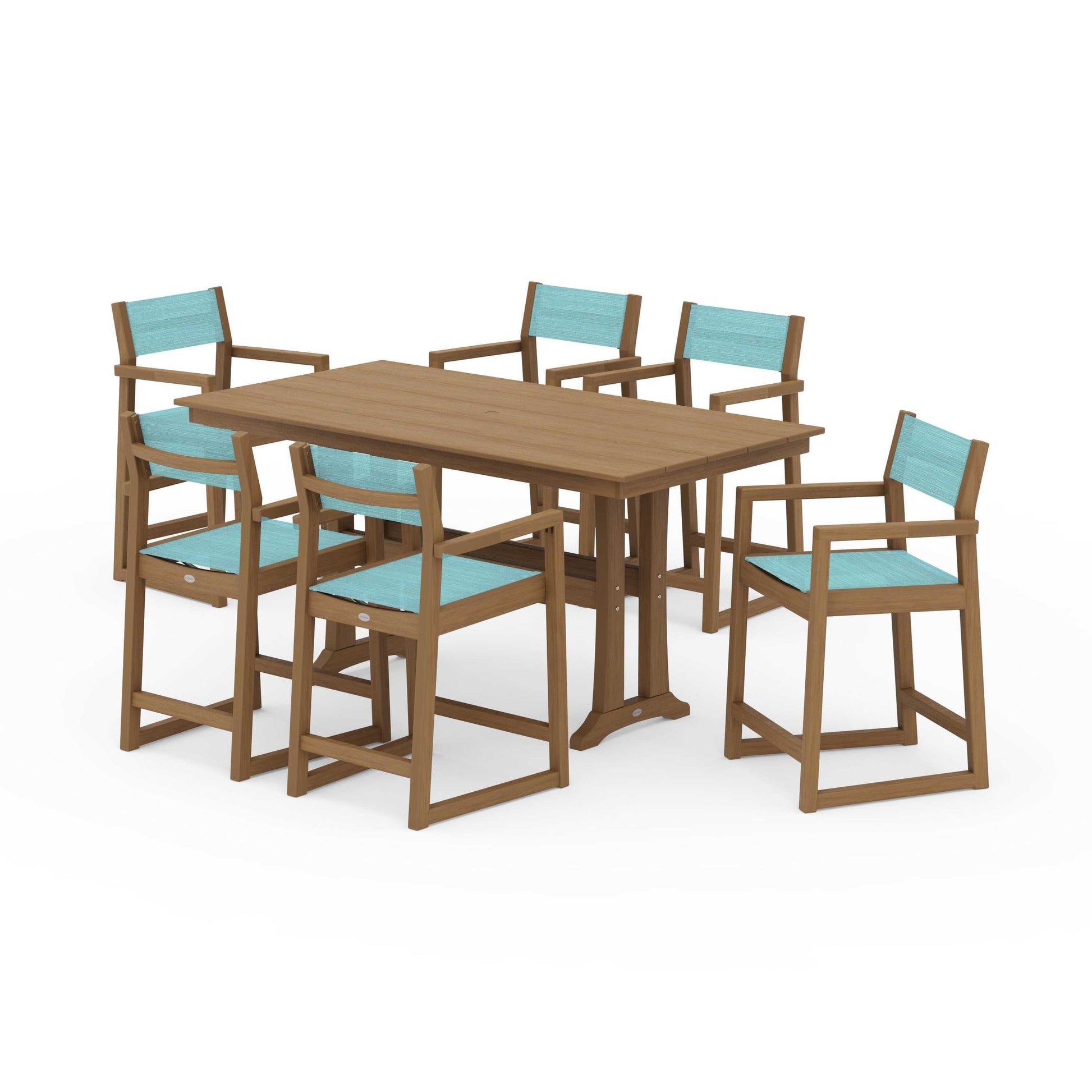 POLYWOOD EDGE Sling Arm Chair 7-Piece Farmhouse Counter Set with Trestle Legs — Natural / Dupioni Aquamarine Sling