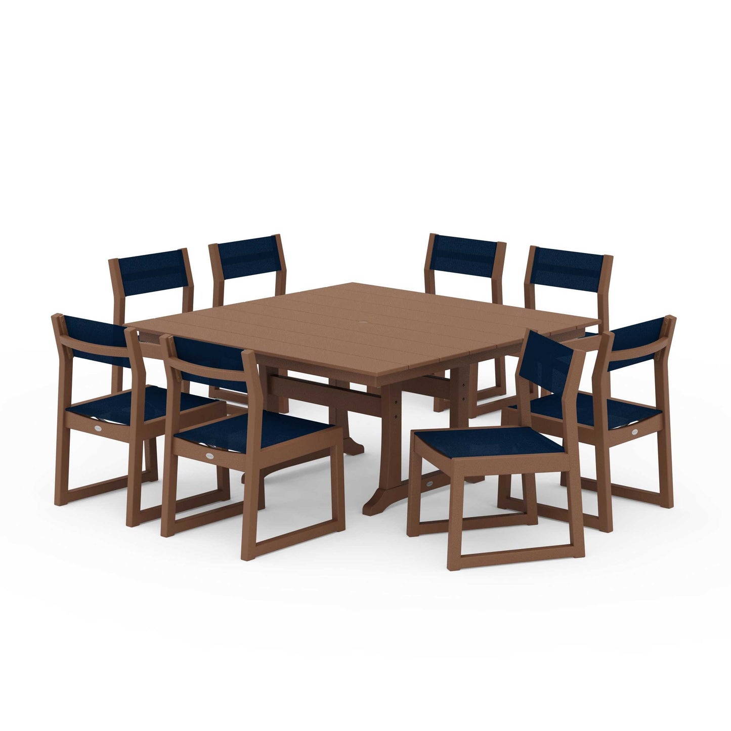 POLYWOOD EDGE Sling Side Chair 9-Piece Farmhouse Trestle Dining Set — Teak / Navy Blue Sling