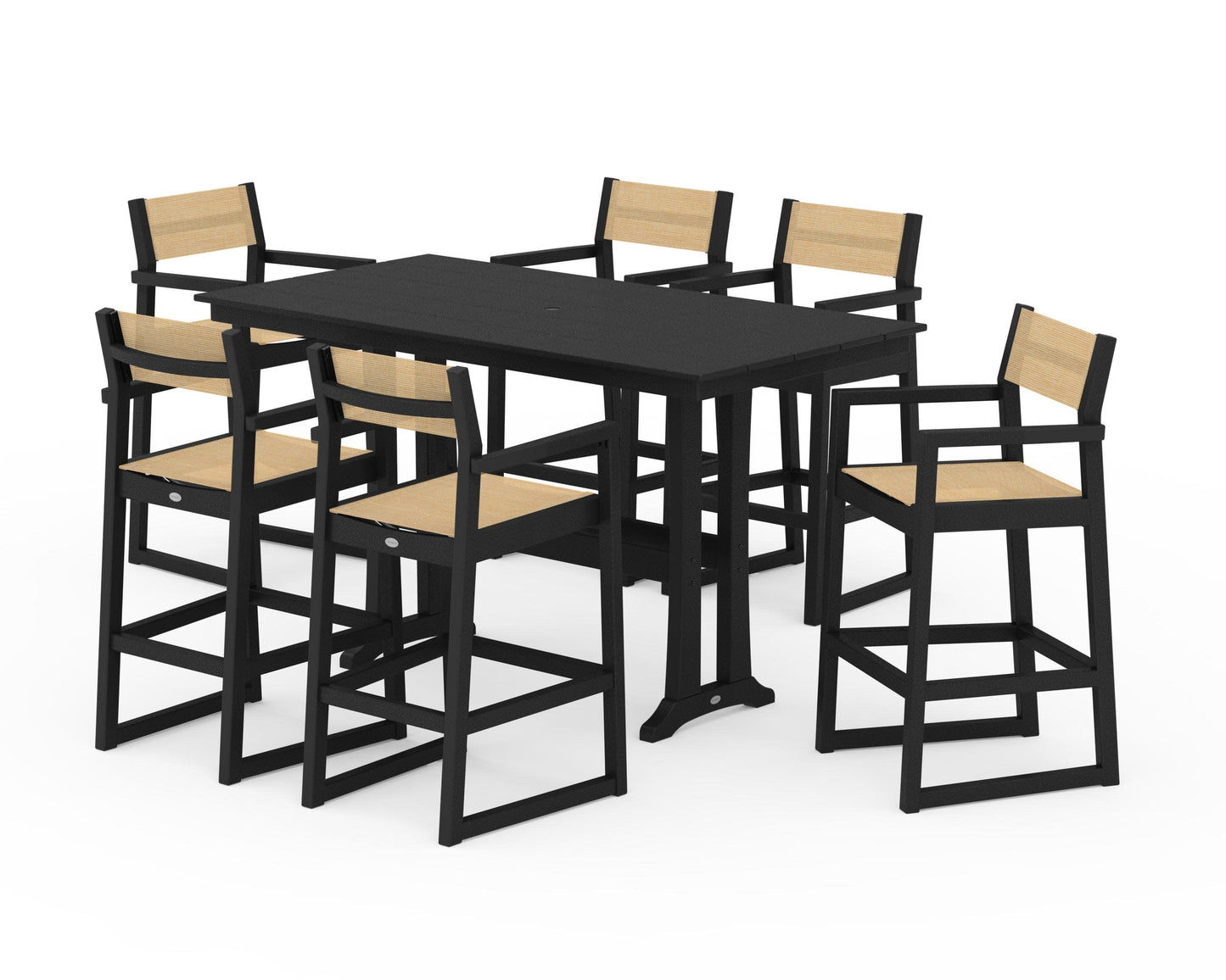POLYWOOD EDGE Sling Arm Chair 7-Piece Farmhouse Bar Set with Trestle Legs — Black / Dupioni Apricot Sling