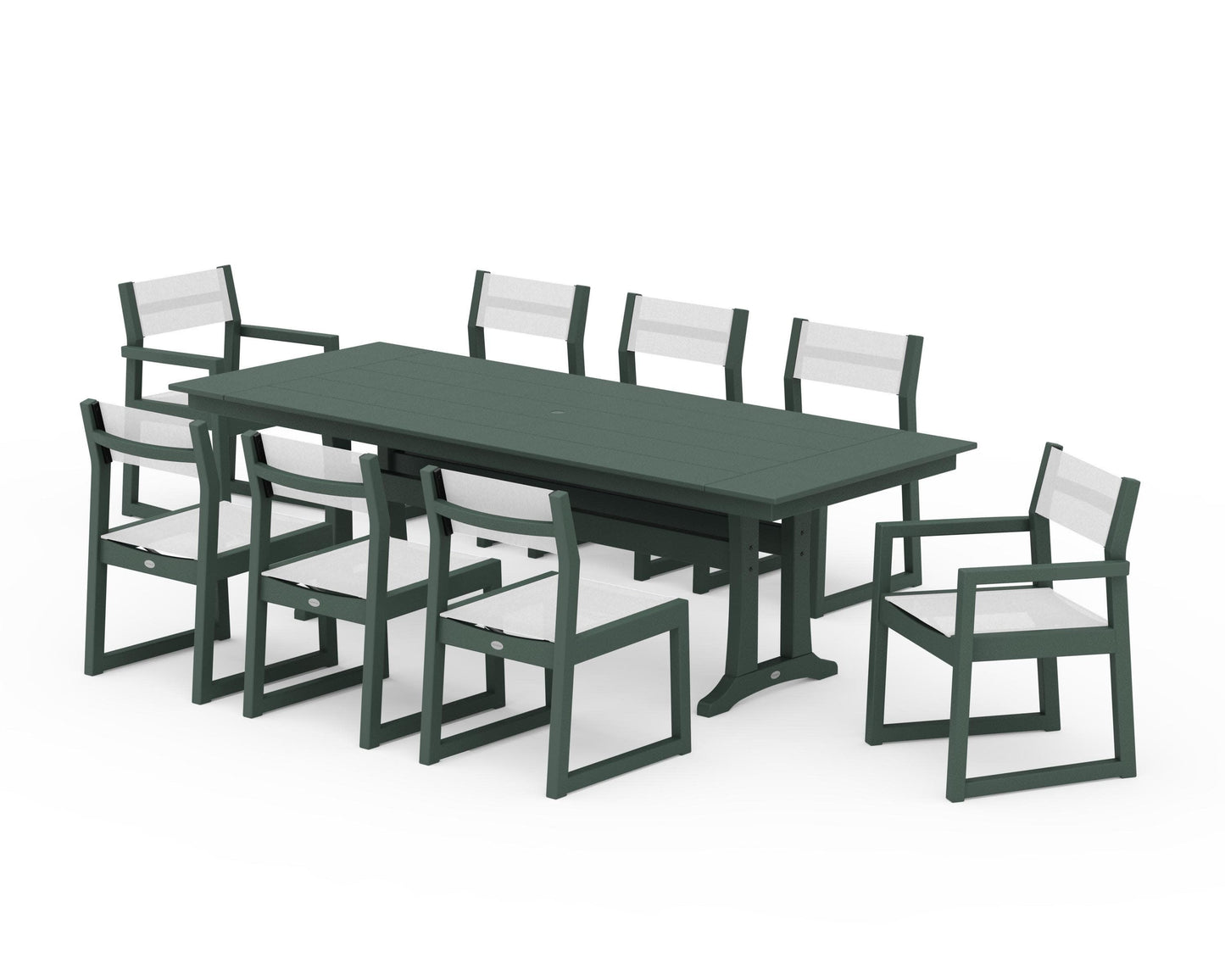 POLYWOOD EDGE Sling 9-Piece Farmhouse Trestle Dining Set — Green / White Sling