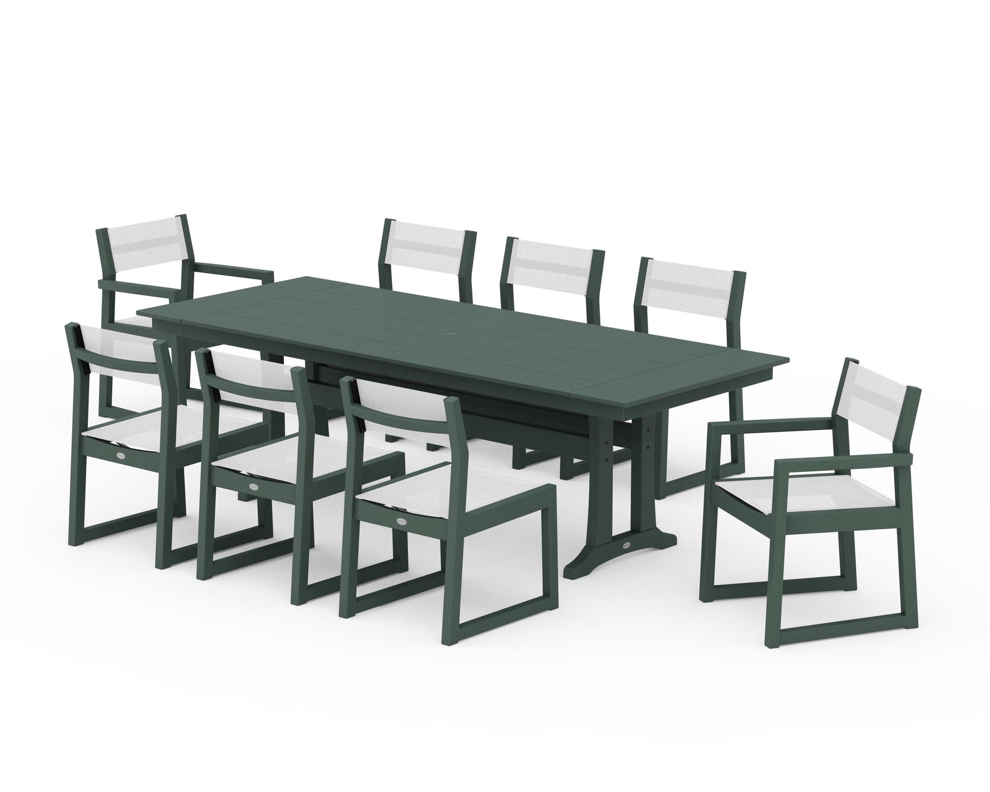 POLYWOOD EDGE Sling 9-Piece Farmhouse Trestle Dining Set — Green / White Sling