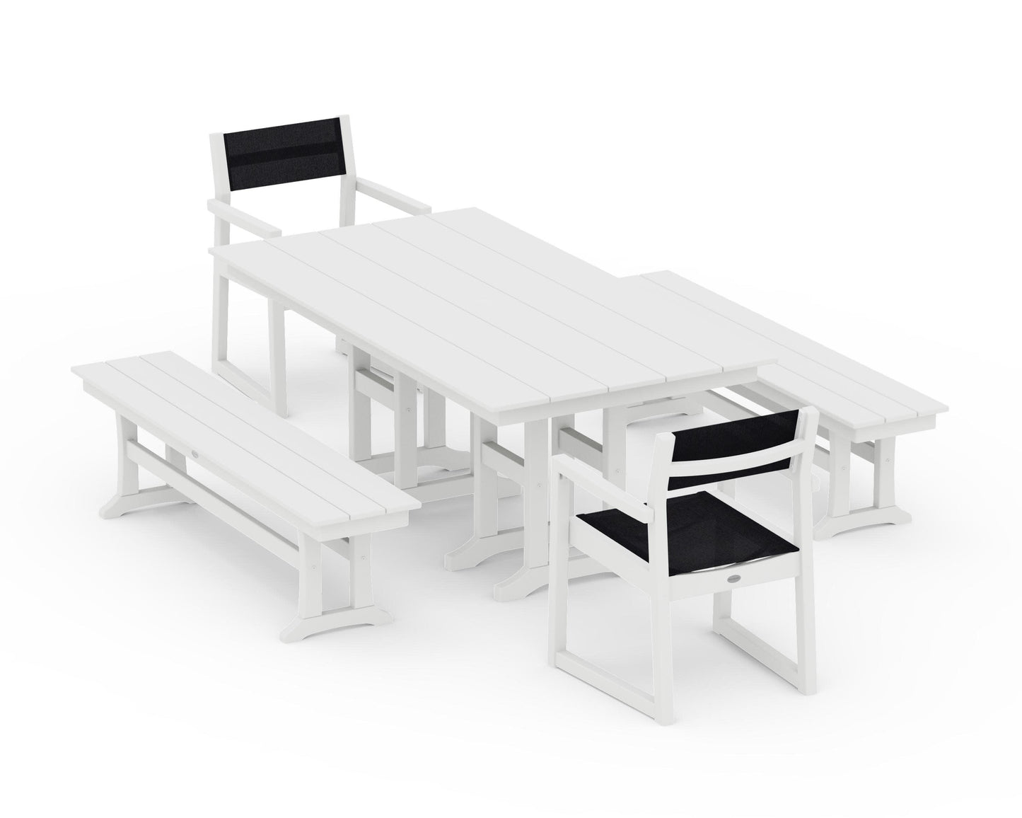 POLYWOOD EDGE Sling Arm Chair 5-Piece Farmhouse Dining Set with Benches — White / Black Sling