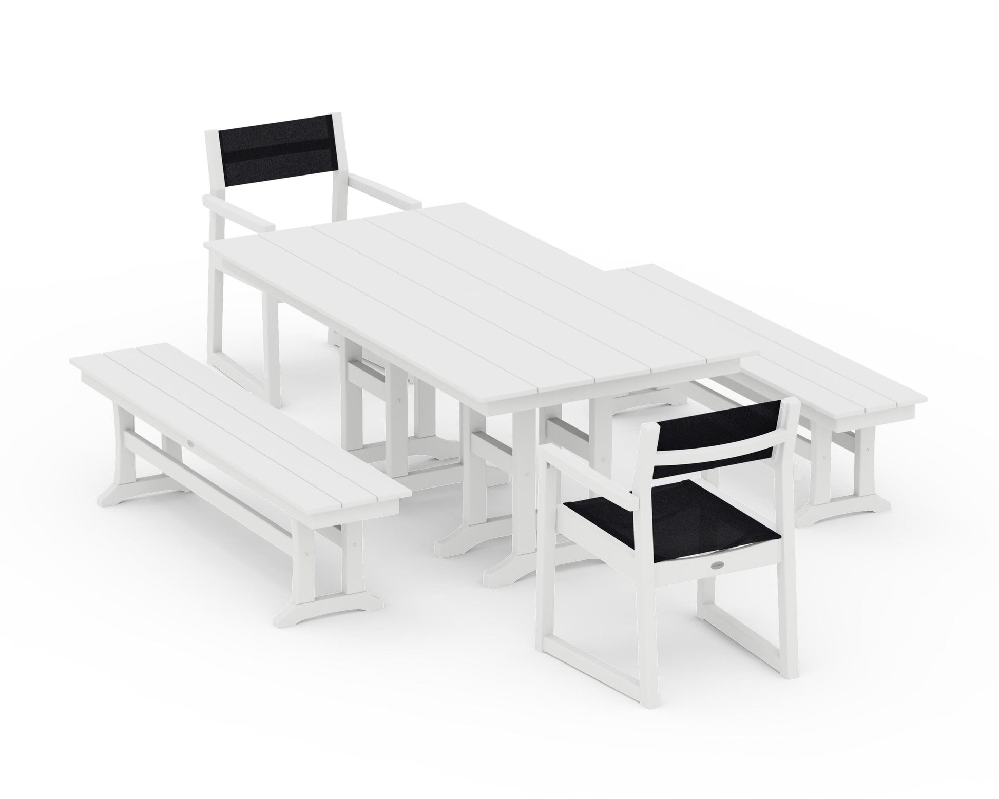 POLYWOOD EDGE Sling Arm Chair 5-Piece Farmhouse Dining Set with Benches — White / Black Sling