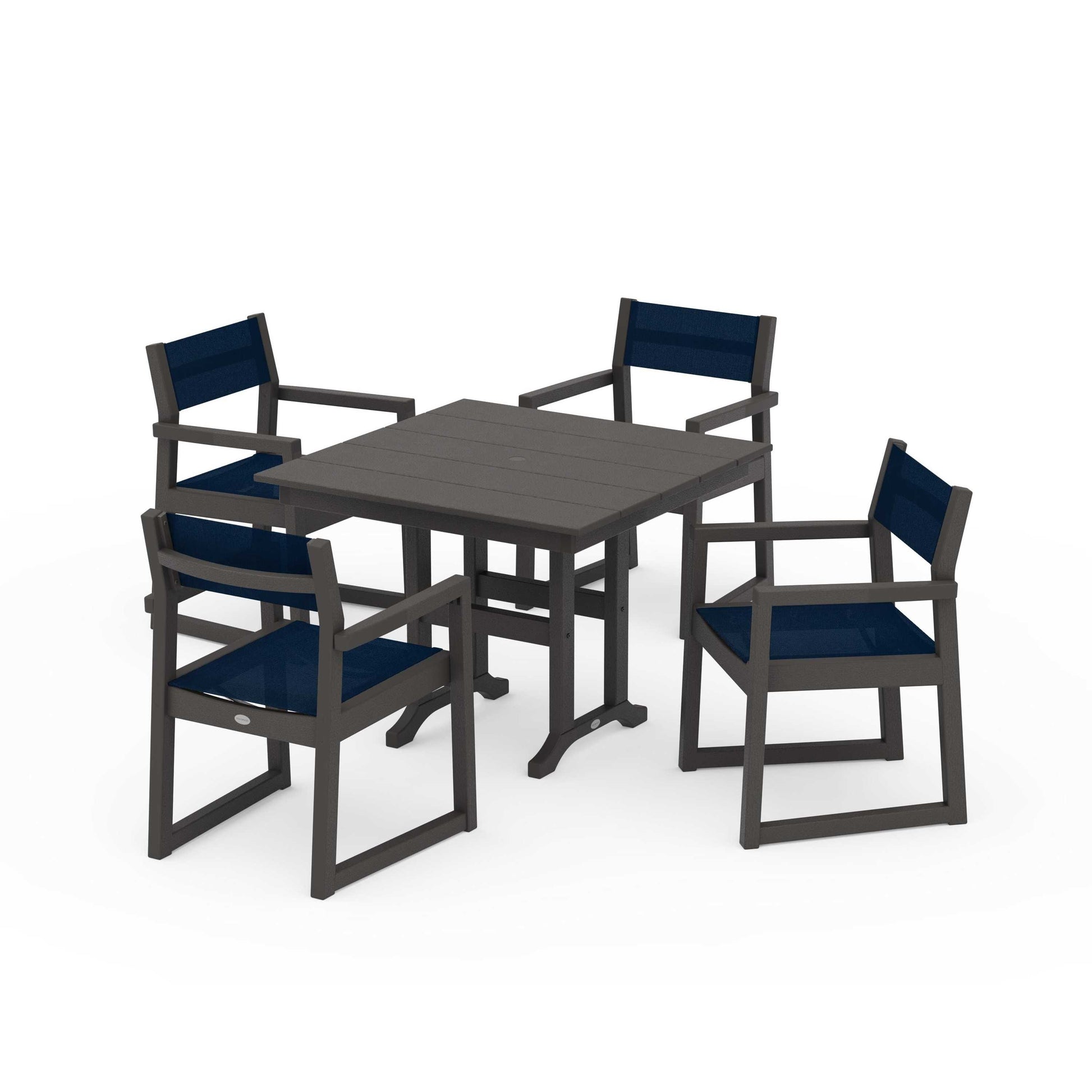 POLYWOOD EDGE Sling Arm Chair 5-Piece Farmhouse Dining Set — Vintage Coffee / Navy Blue Sling