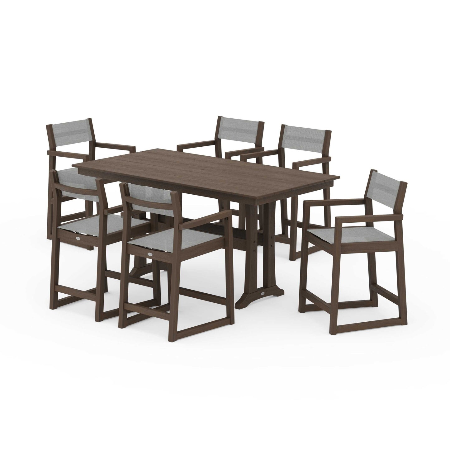 POLYWOOD EDGE Sling Arm Chair 7-Piece Farmhouse Counter Set with Trestle Legs — Kona / Metallic Sling