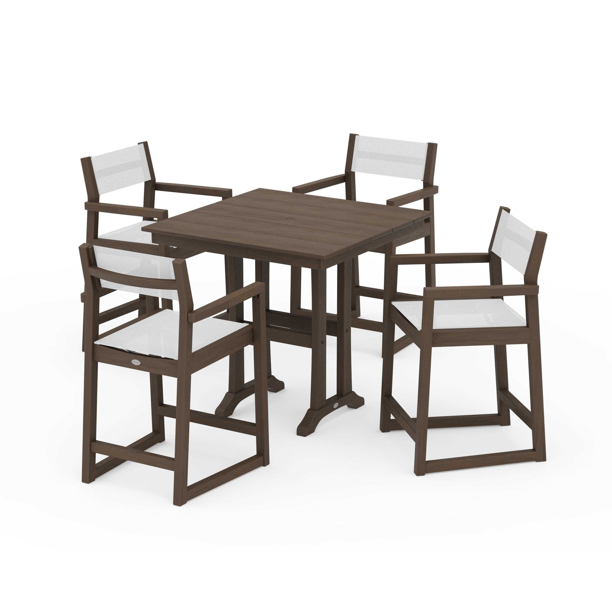POLYWOOD EDGE Sling Arm Chair 5-Piece Farmhouse Counter Set with Trestle Legs — Kona / White Sling