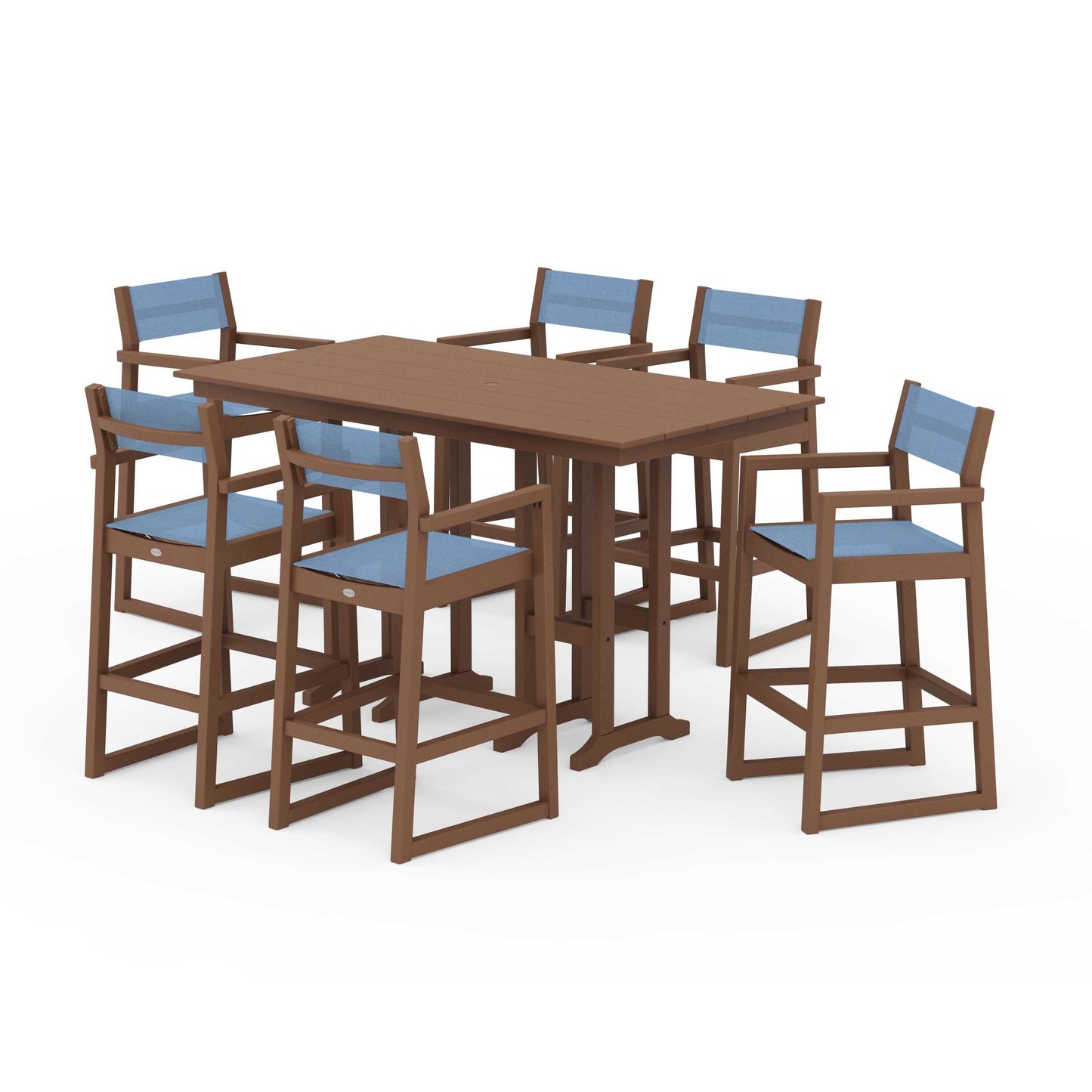 POLYWOOD EDGE Sling Arm Chair 7-Piece Farmhouse Bar Set — Teak / Poolside Sling
