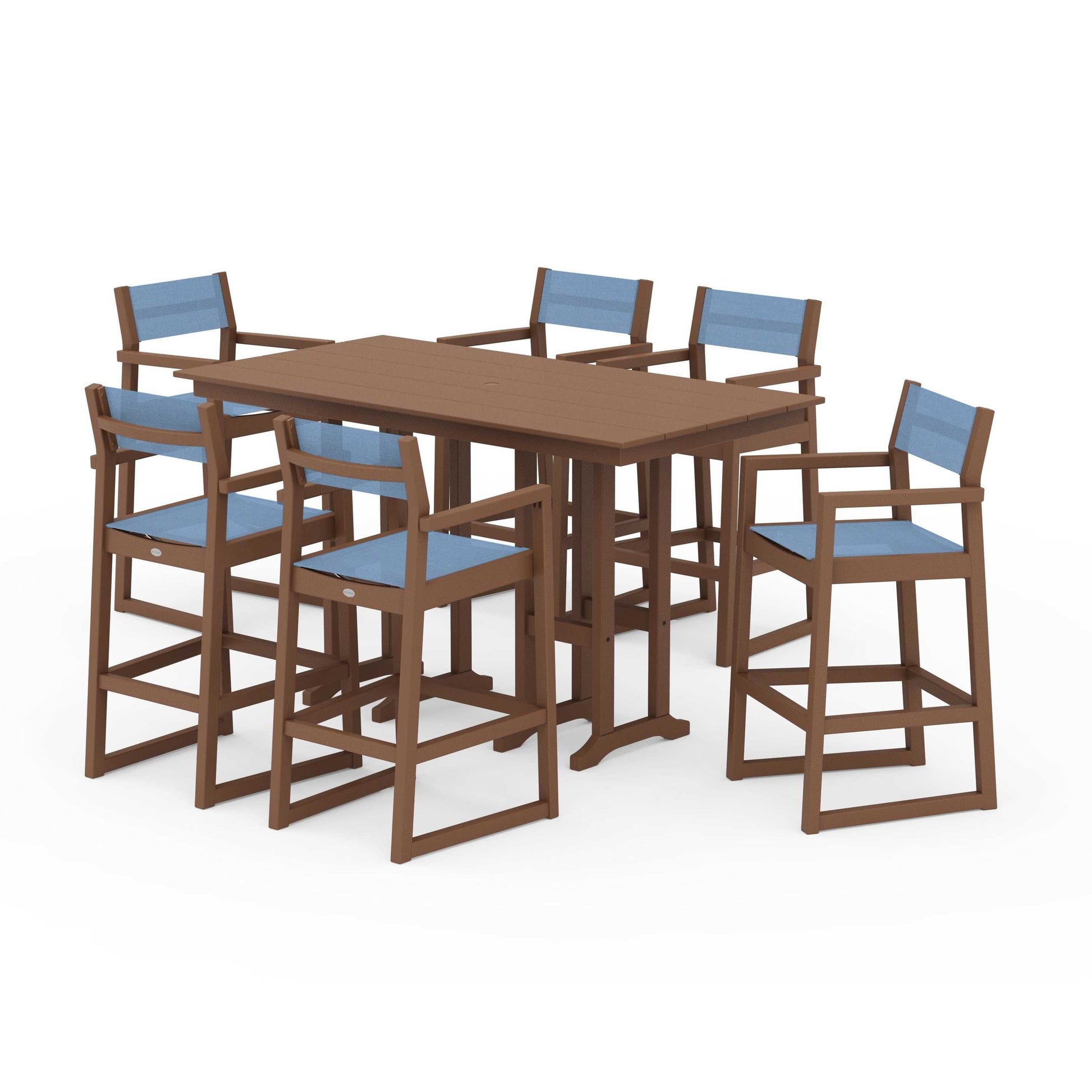 POLYWOOD EDGE Sling Arm Chair 7-Piece Farmhouse Bar Set — Teak / Poolside Sling